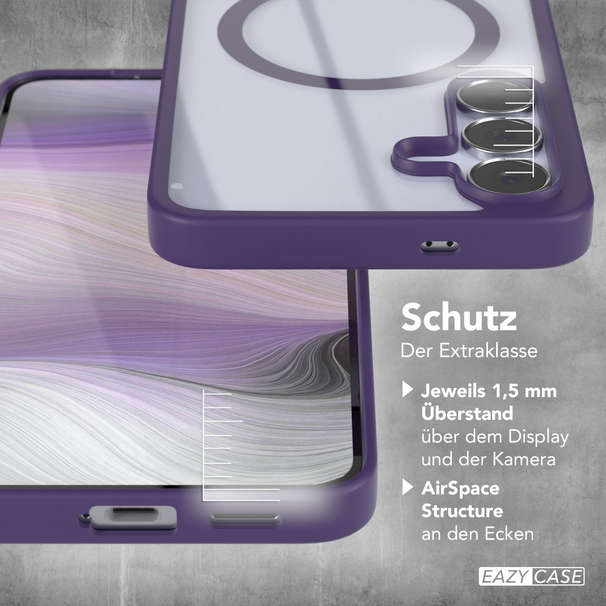 Eine lila Handyhülle, die die Kamera des Telefons zeigt. Text auf der rechten Seite lautet 'Schutz' und 'EAZY CASE'.