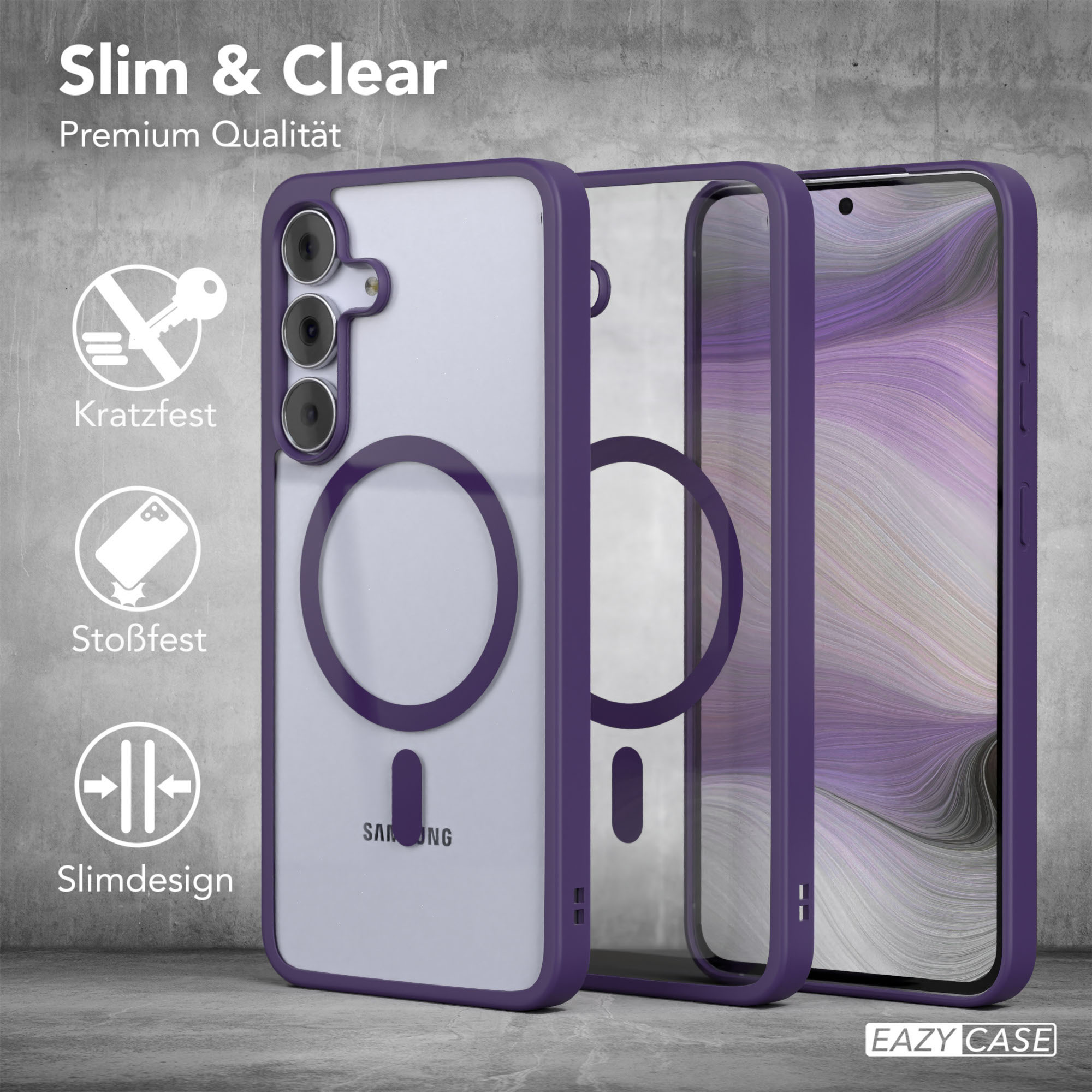 Drei lila Handyhüllen, eine mit Telefon, auf grauem Untergrund. Text: 'Slim & Clear' und 'EAZY CASE'.