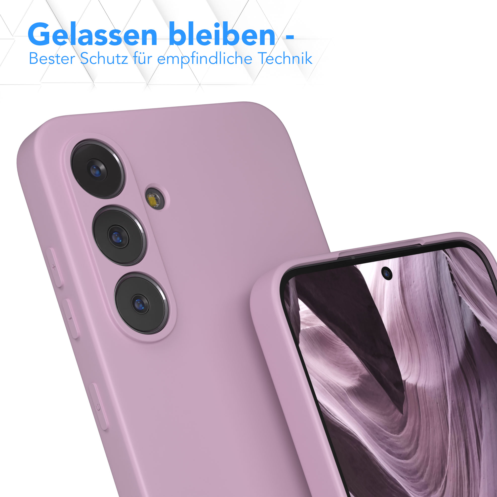 Nahaufnahme von zwei pinkfarbenen Handyhüllen. Eine zeigt die Kameralinsen, die andere den Bildschirm mit einem Bild.