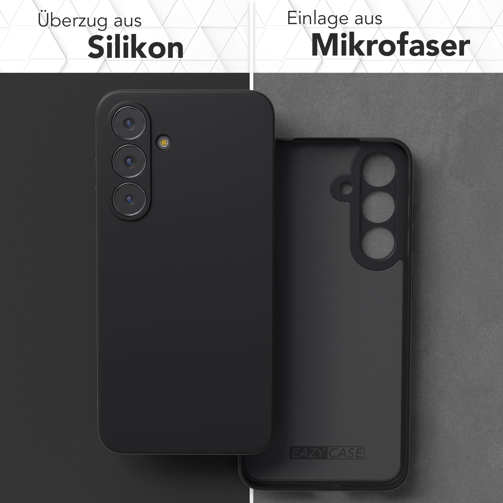 Schwarze Handyhülle mit Kameraausschnitten neben dem Innenteil. Text sagt 'Silikon' und 'Mikrofaser'.