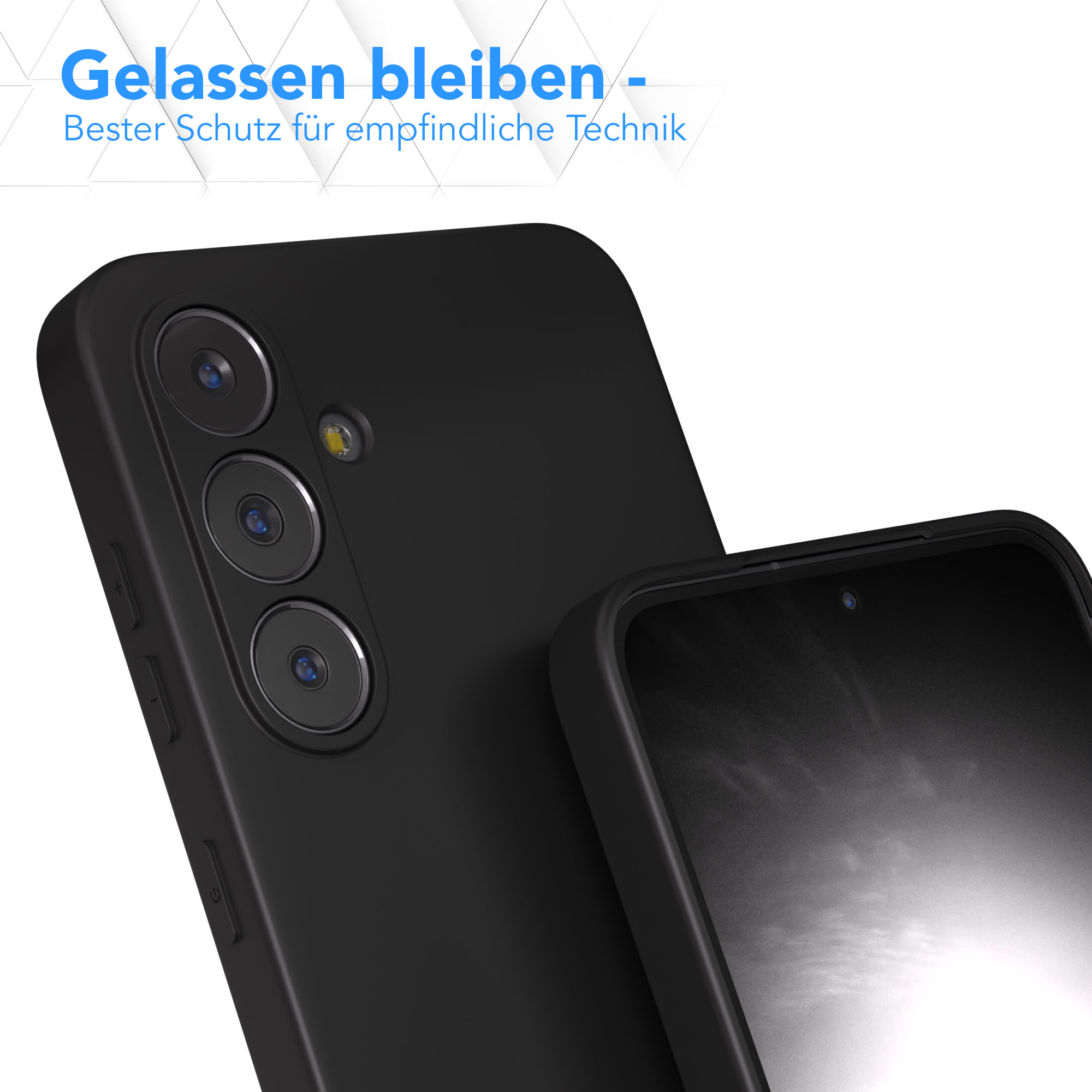 Schwarzes Smartphone mit drei Kameras und einem Bildschirm, geschützt durch eine Hülle. Weißer Hintergrund mit blauem Text.
