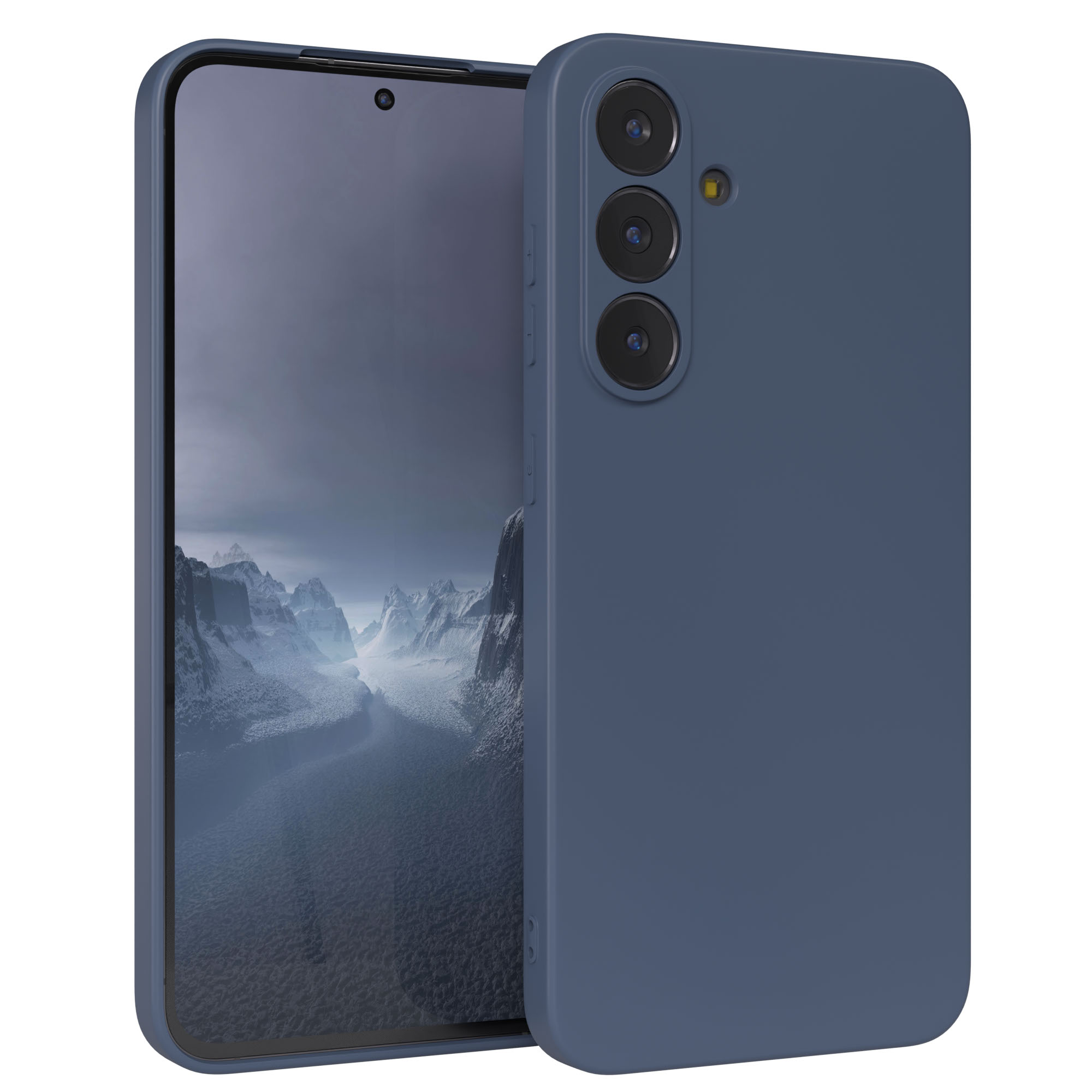 Dunkelblaue Handyhülle neben einem Handy mit Berglandschaft. Die Hülle hat drei Kameras.