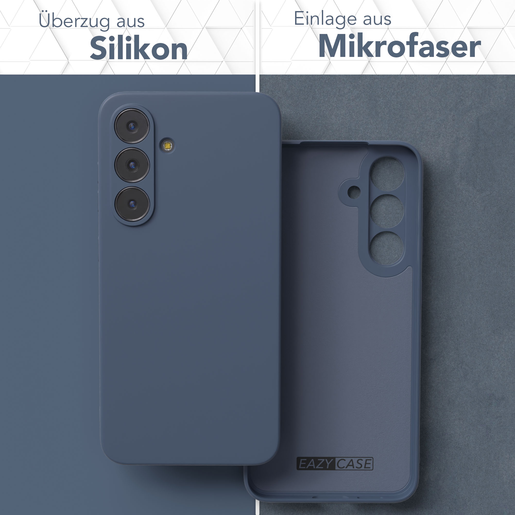 Zwei blaue Handyhüllen, eine mit dem Telefon, die andere offen. Text oben sagt 'Silikon' und 'Mikrofaser'.