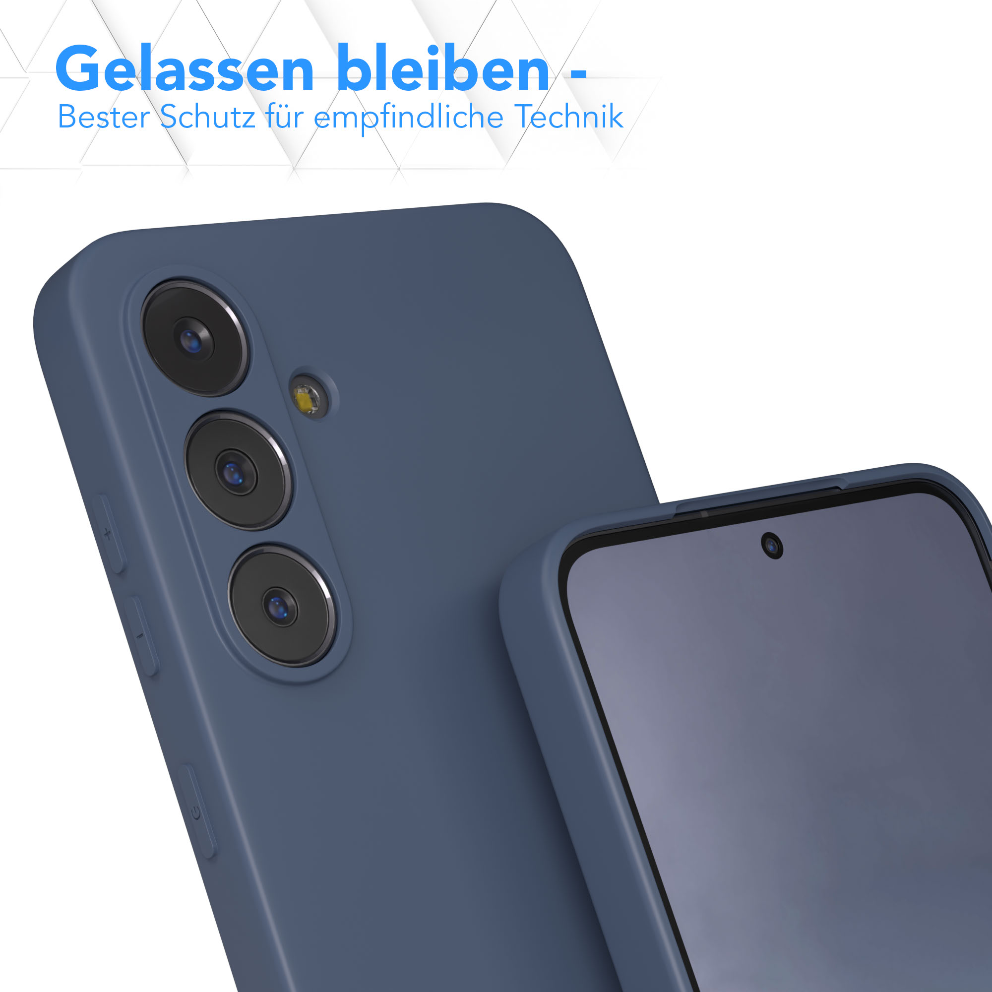 Blaue Handyhülle mit Handy. Das Handy hat drei Kameras. Weißer Hintergrund. Text: Gelassen bleiben - Bester Schutz.