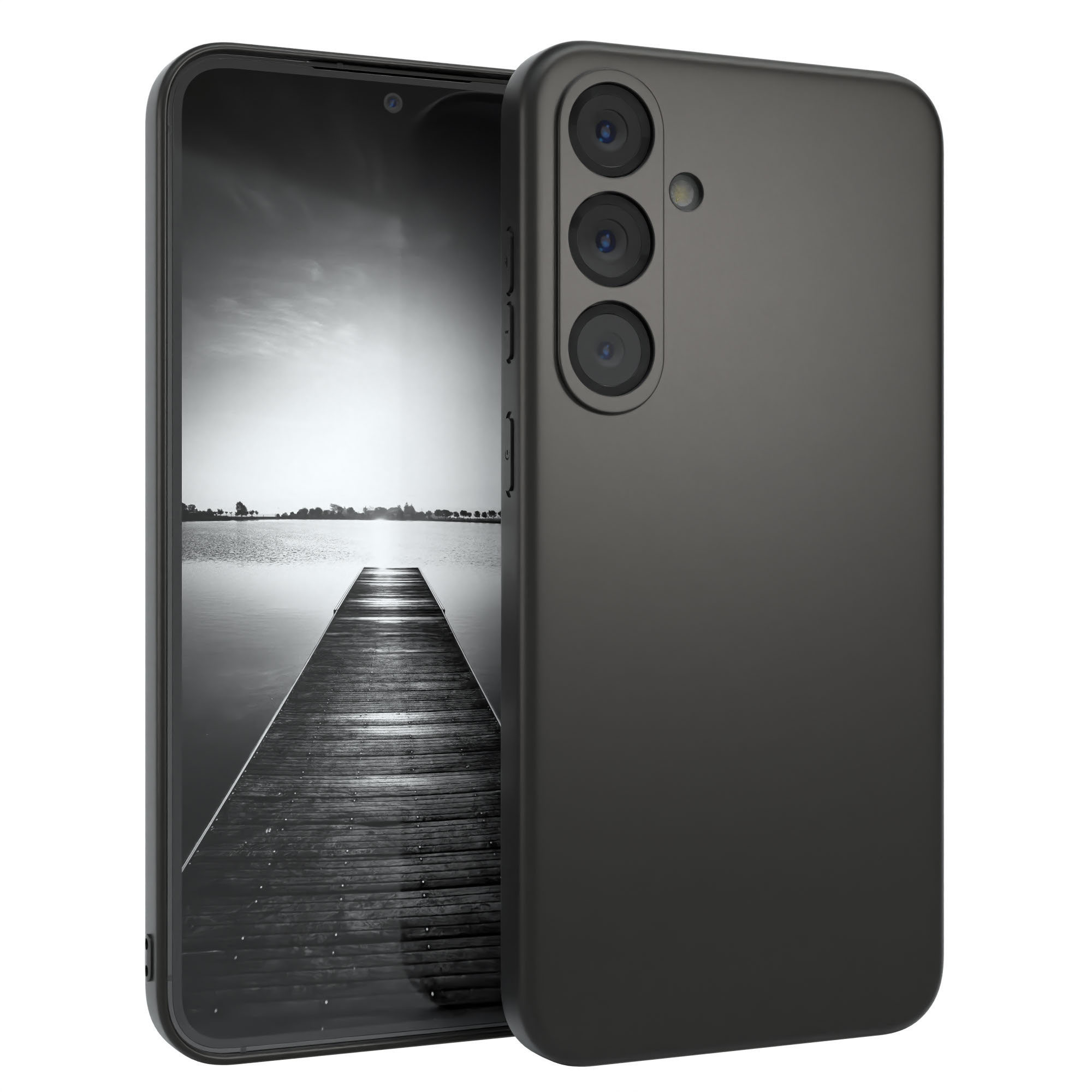 Ein Smartphone mit schwarzer Hülle. Der Bildschirm zeigt ein schwarz-weißes Bild eines Holzstegs über Wasser.