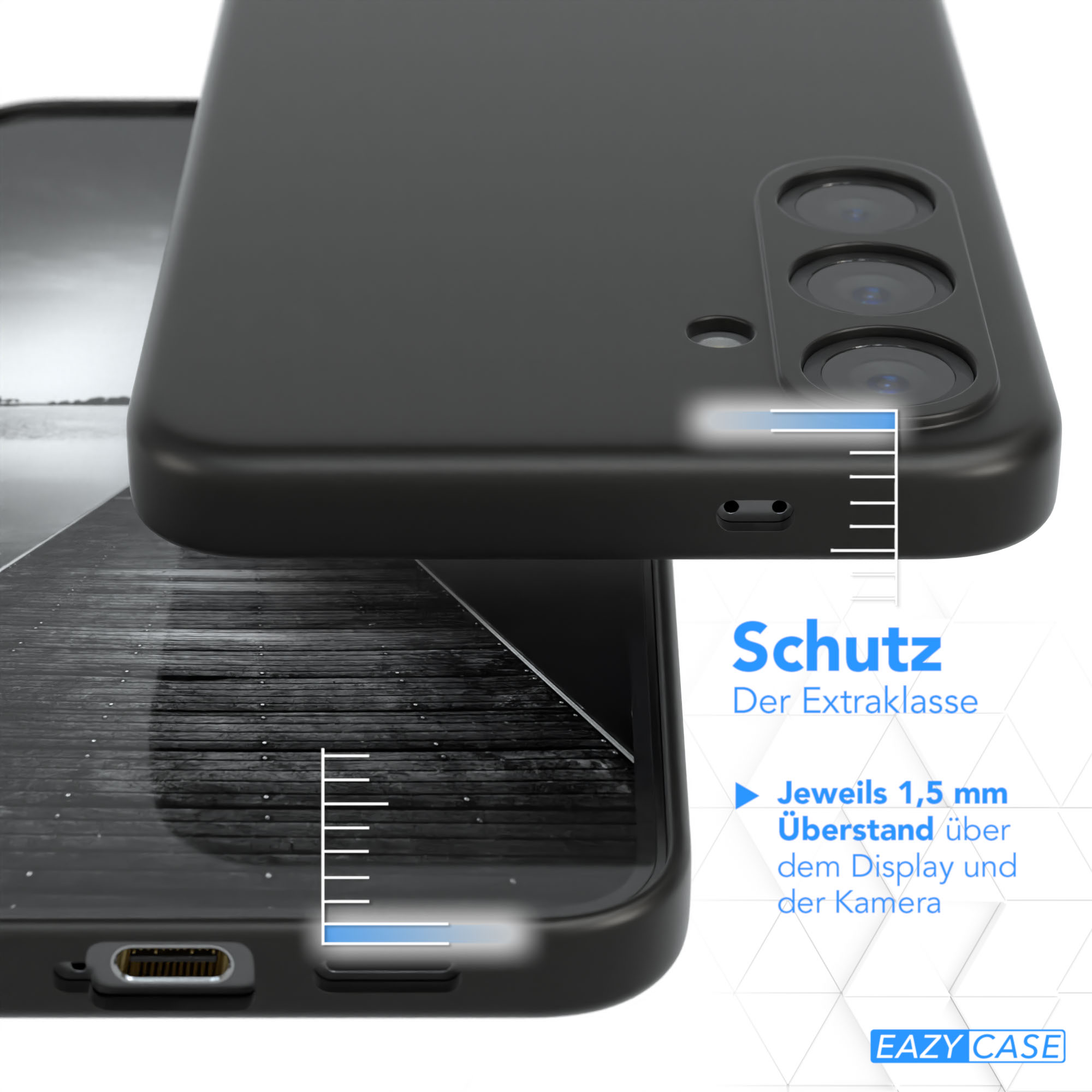 Eine schwarze Handyhülle schützt ein Telefon. Zeigt die Kamera- und Displayschutzdetails. Text: Schutz, EAZY CASE.