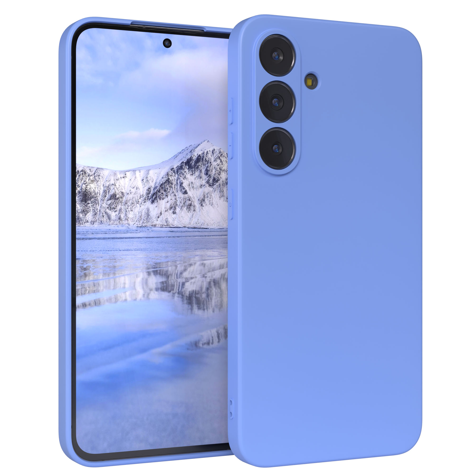 Blaues Telefon mit Hülle. Der Bildschirm zeigt eine verschneite Berg- und Meereslandschaft.