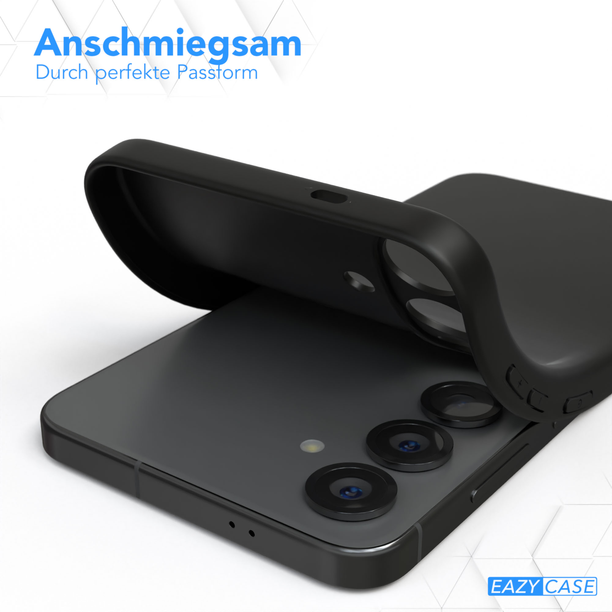 Schwarze Handyhülle wird auf ein schwarzes Handy gelegt. Das Telefon hat drei Kameralinsen. Text lautet 'Anschmiegsam'.