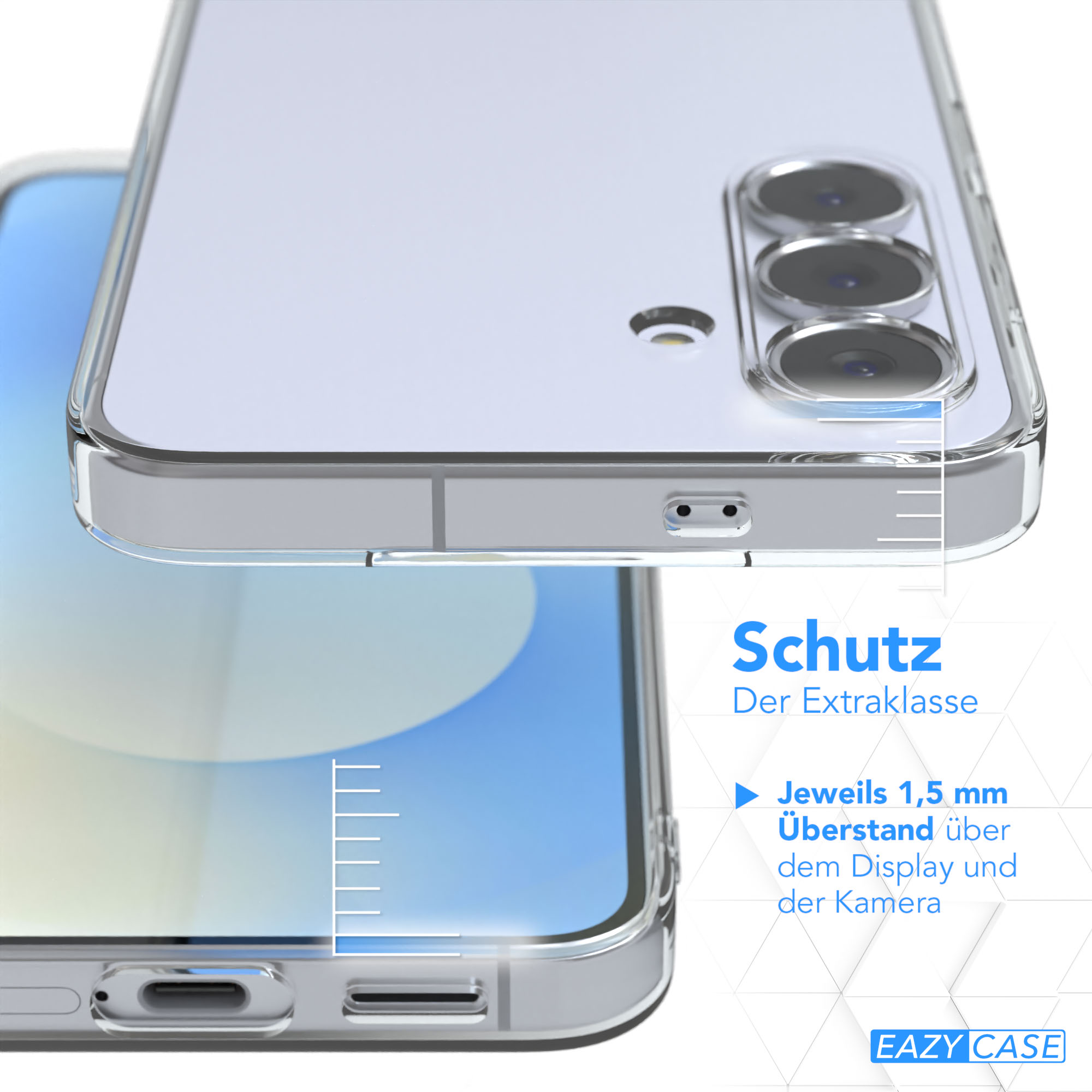 Eine transparente Handyhülle über einem Telefon. Text zeigt 1,5 mm Überstand für Bildschirm und Kamera.