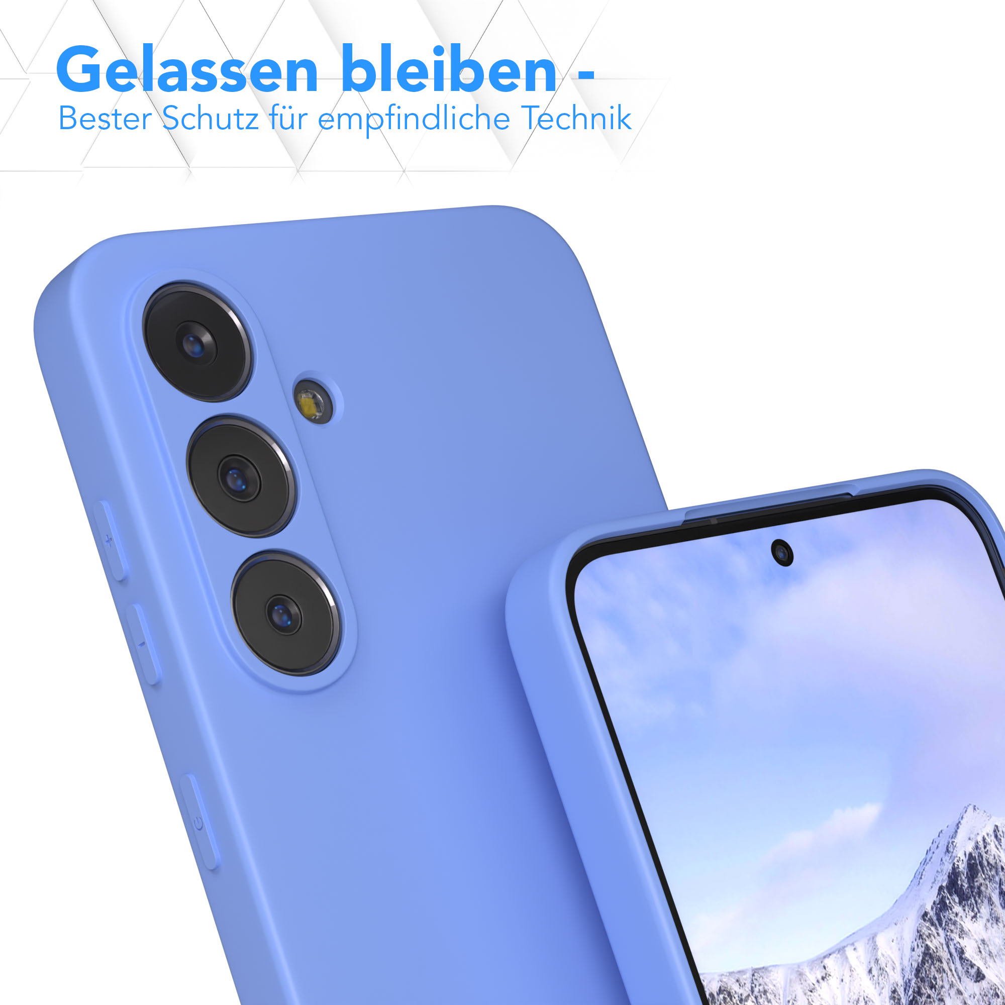 Nahaufnahme von zwei blauen Handys. Eines zeigt einen Bildschirm mit Bergansicht. Text oben: Gelassen bleiben.