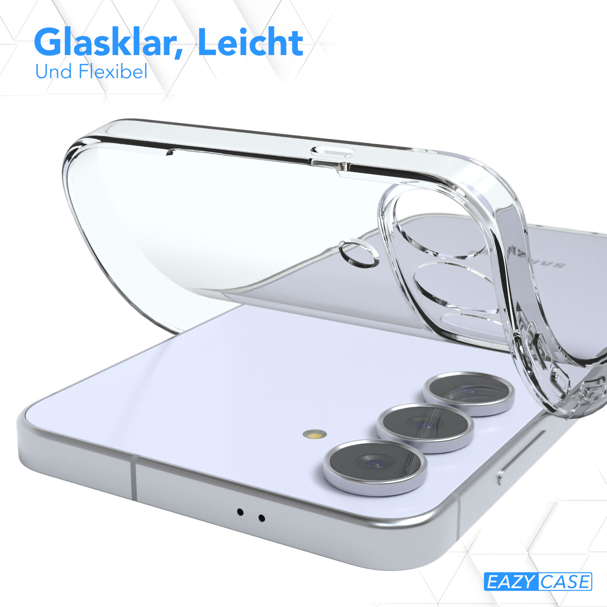 Eine transparente Handyhülle liegt über einem weißen Telefon und zeigt die Kameralinsen. Deutscher Text: 'Glasklar, Leicht und Flexibel'.