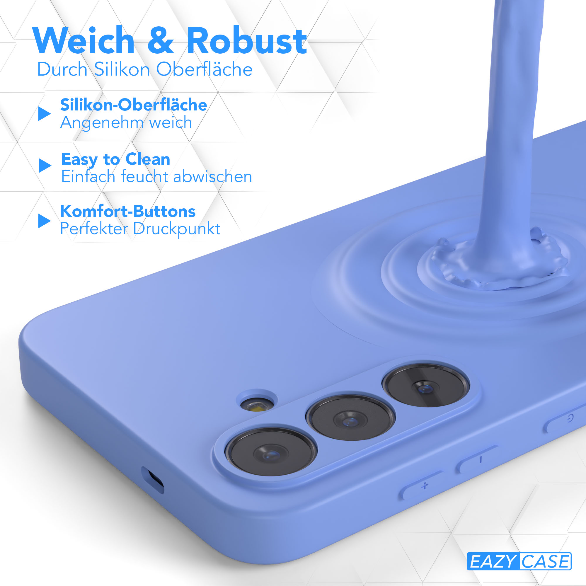 Eine blaue Handyhülle mit Flüssigkeitsspritzer. Text links beschreibt Funktionen. Weißer Hintergrund mit Dreiecksformen.
