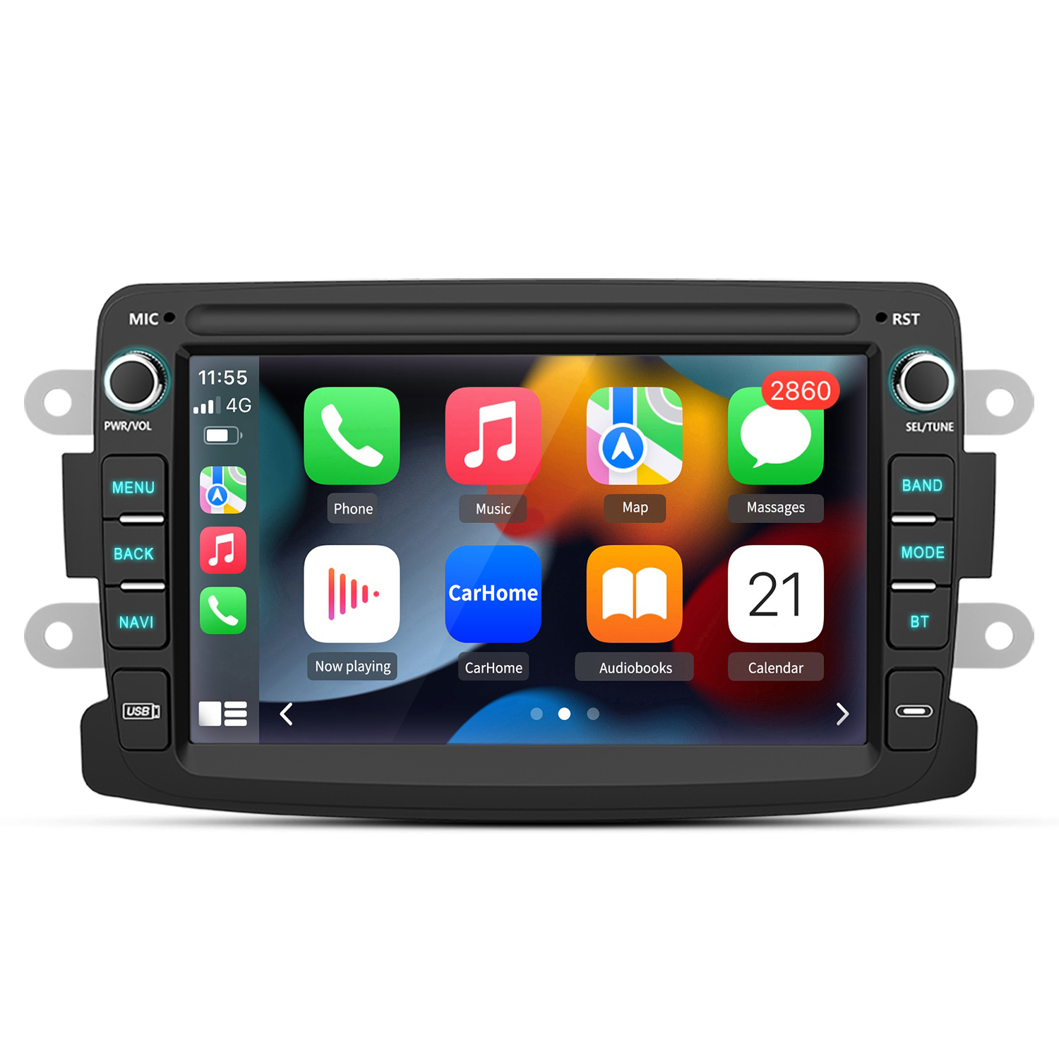 Ein Auto-Multimedia-System mit Touchscreen, das App-Symbole wie Telefon, Musik und Karten anzeigt. Tasten für Menü, Zurück und Navigation sind sichtbar.
