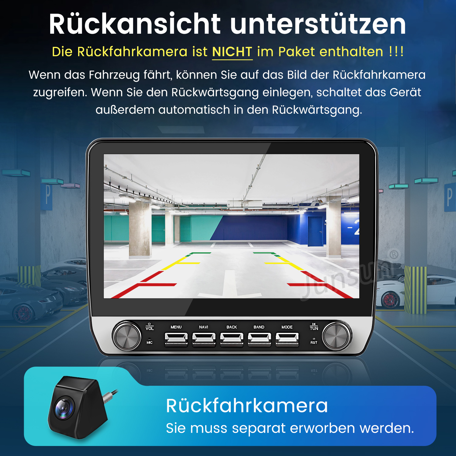 Rückfahrkamera-Display im Parkhaus. Separate Kamera unten. Deutscher Text erklärt die Verwendung.