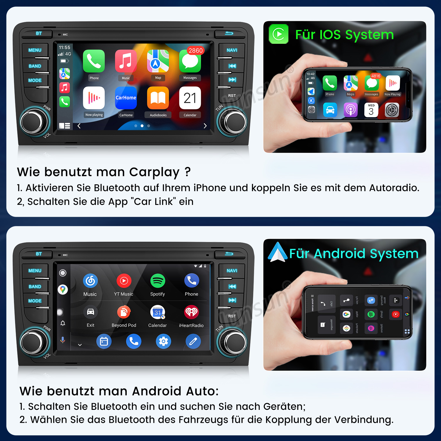 Das Bild zeigt Autoradiobildschirme mit iOS- und Android-Beispielen. Anweisungen zur Verwendung von CarPlay und Android Auto sind vorhanden.