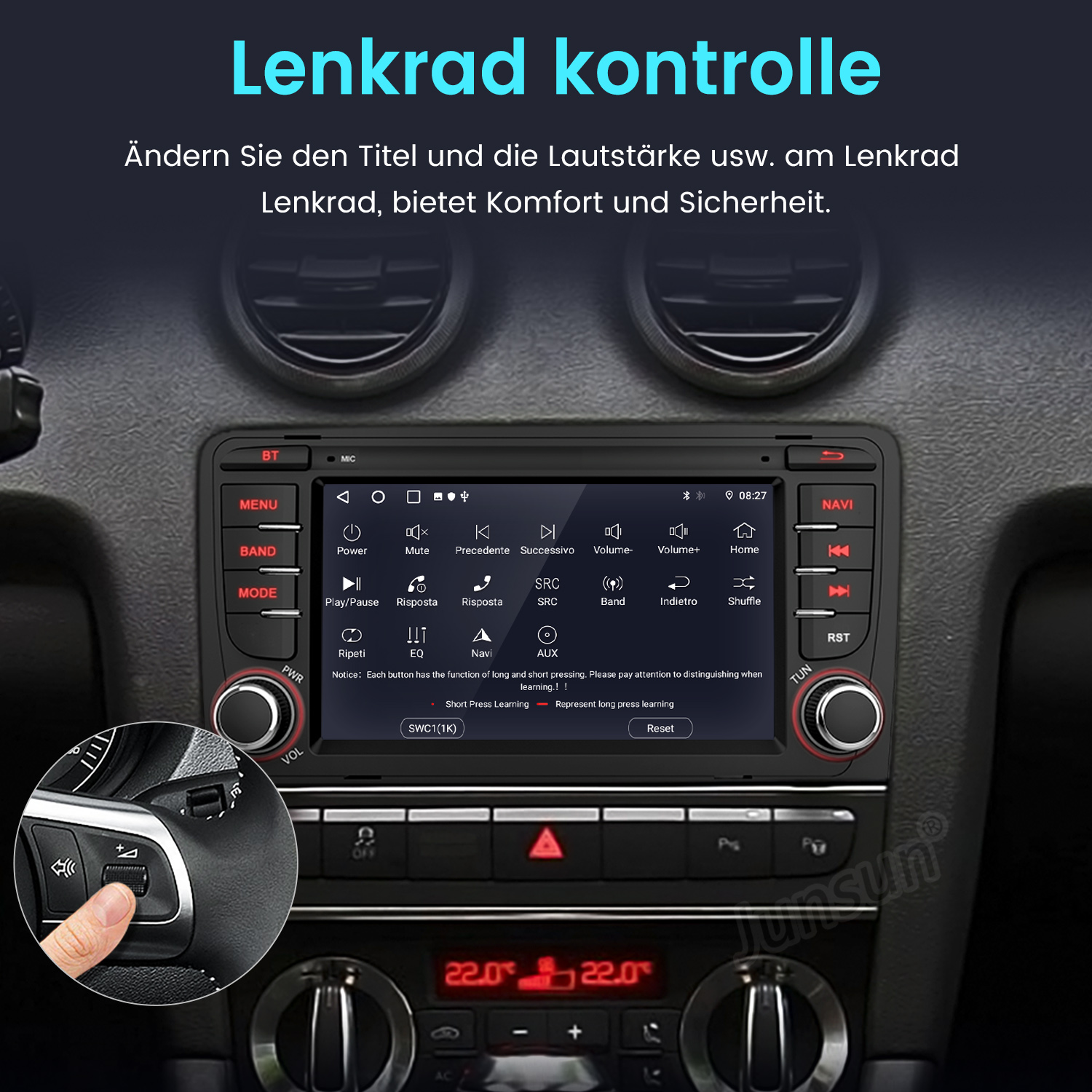 Autoradio mit Knöpfen und Bildschirm. Eine Hand drückt einen Knopf am Lenkrad. Die Überschrift lautet 'Lenkrad kontrolle'.
