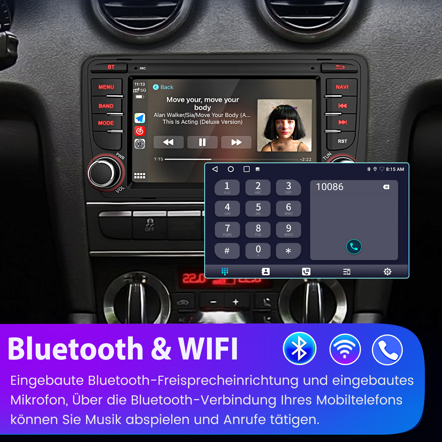 Autoradio mit Song und Ziffernblock. Bluetooth- und WLAN-Symbole. Bildschirm zeigt 10086.