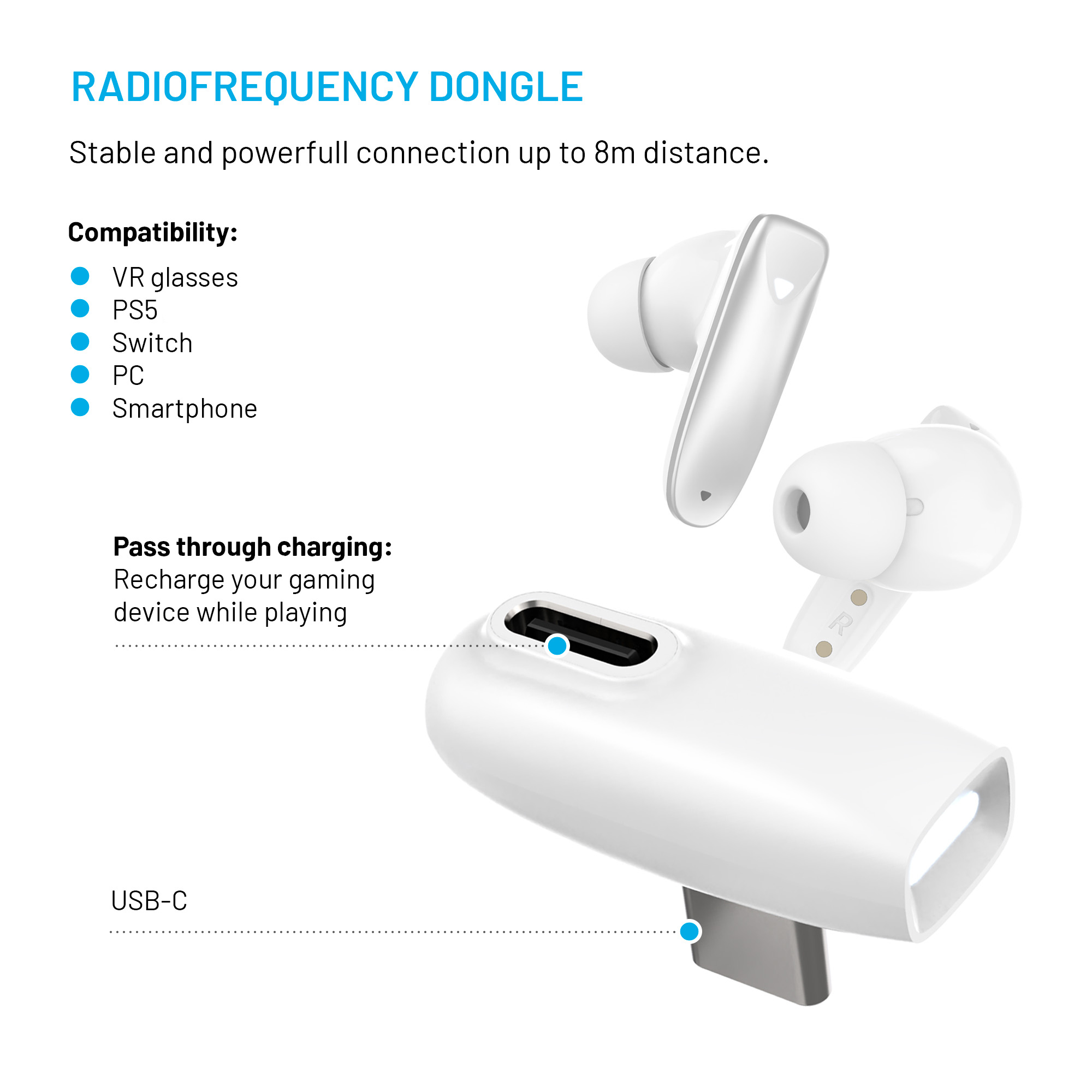 Weißer Dongle und Ohrhörer. Textdetails zur Kompatibilität mit VR, PS5, Switch, PC und Smartphone.