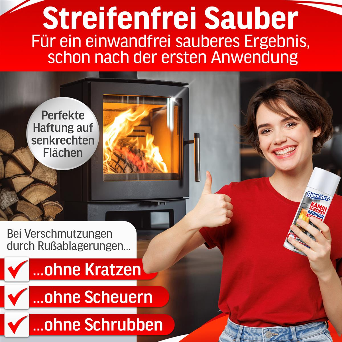 Eine Frau hält ein Reinigungsmittel, Daumen hoch. Ein Kamin mit Feuer im Hintergrund und Text über das Reinigungsmittel.