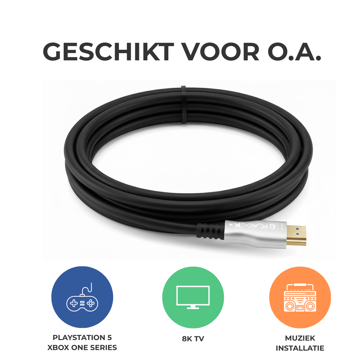 Zwarte HDMI-kabel op witte ondergrond. Daaronder pictogrammen voor Playstation 5, 8K TV en muziekinstallatie.