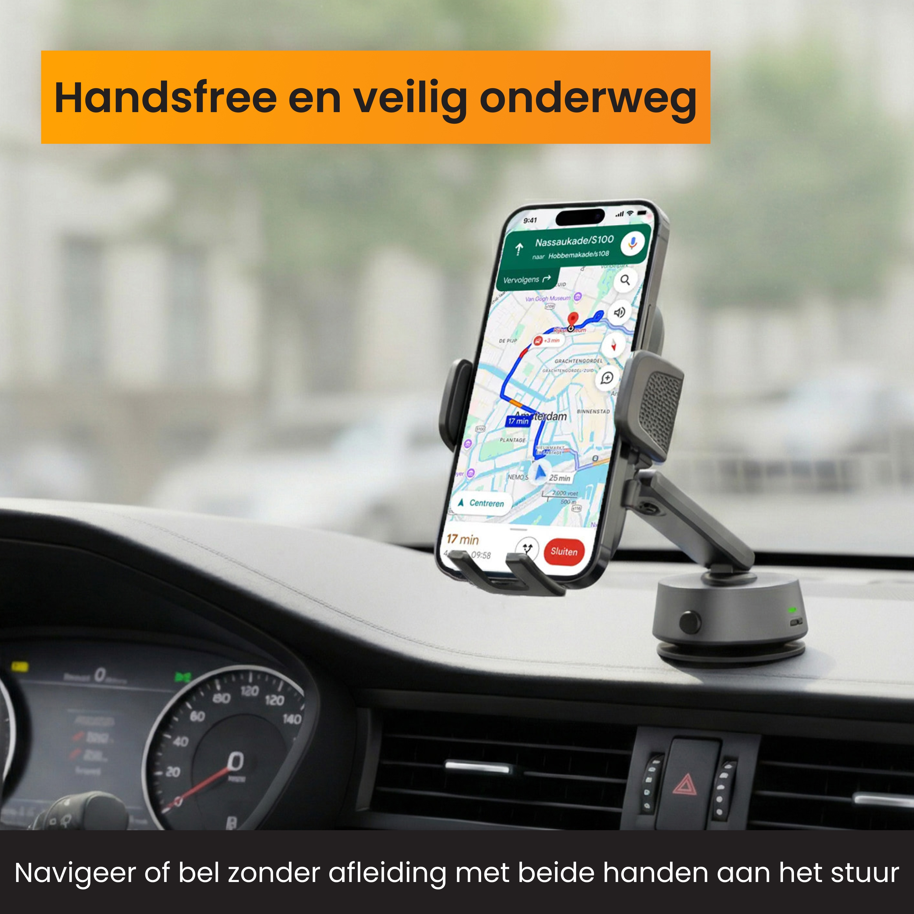 Een telefoon met navigatie is in een auto gemonteerd. De telefoon toont een kaart. De tekst zegt handsfree en veilig onderweg.