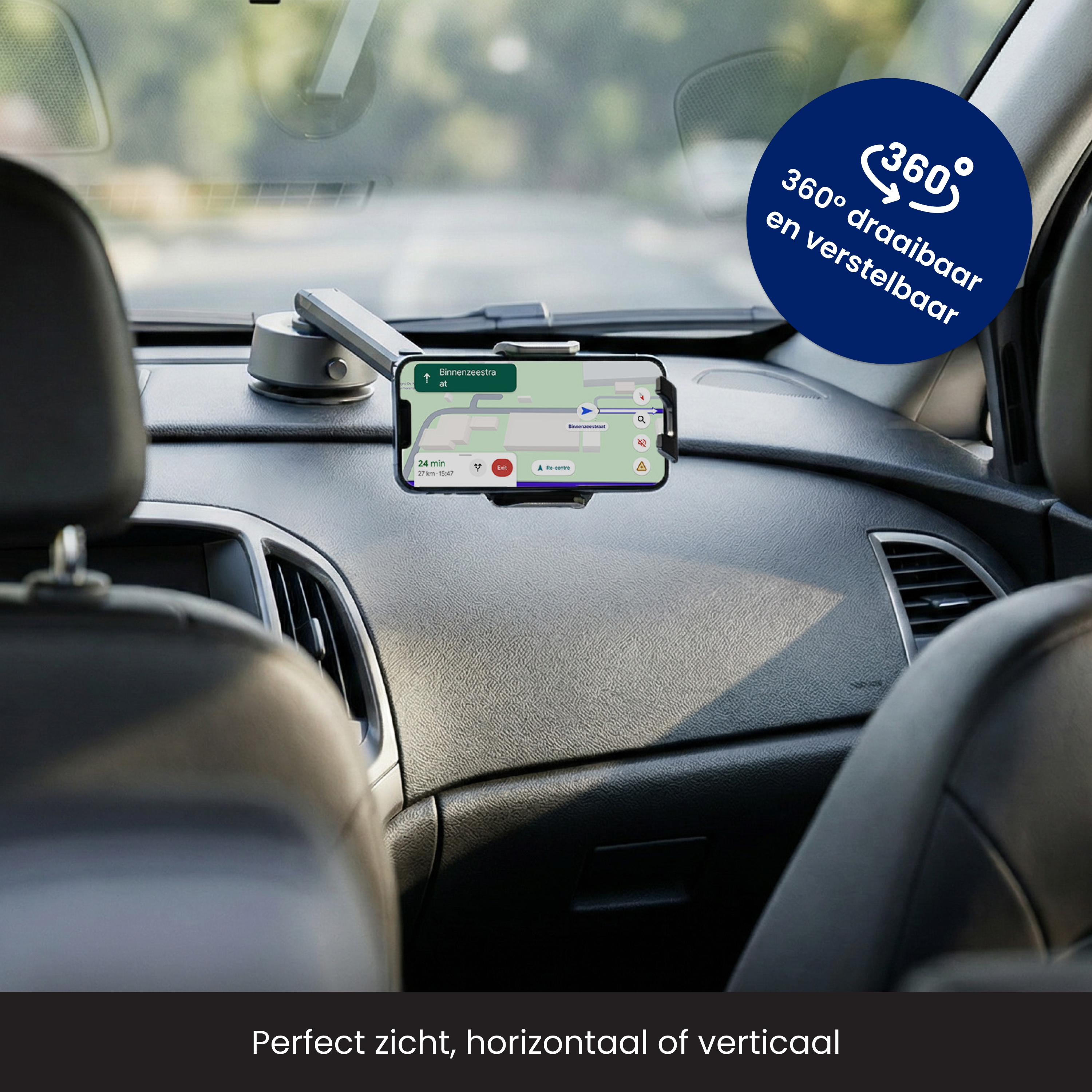Auto-interieur met telefoonhouder met kaart. Tekst: 360° draaibaar en verstelbaar. Perfect zicht, horizontaal of verticaal.