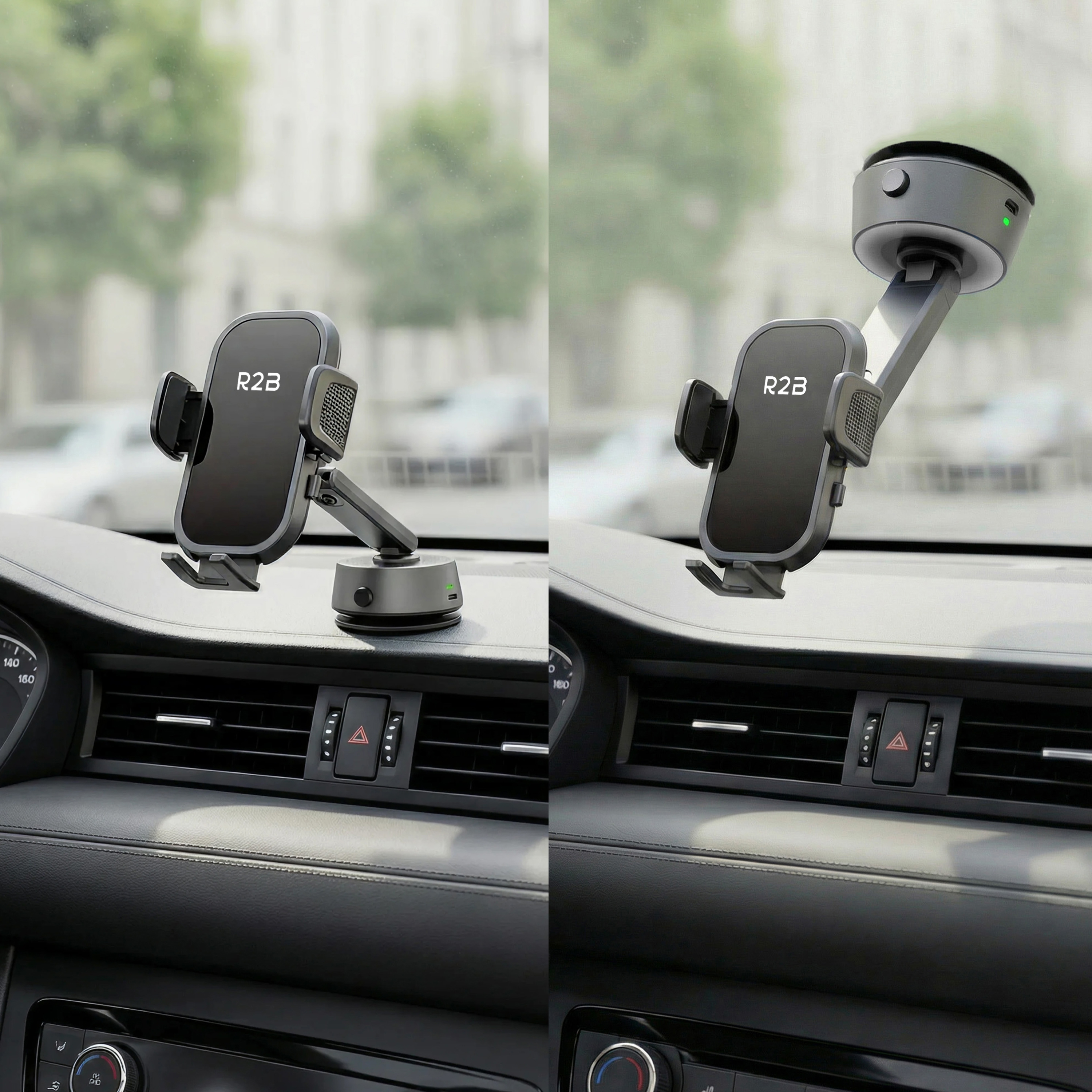Autodashboard met telefoonhouder met R2B-logo. Het interieur van de auto is zwart. Buiten is wazig.