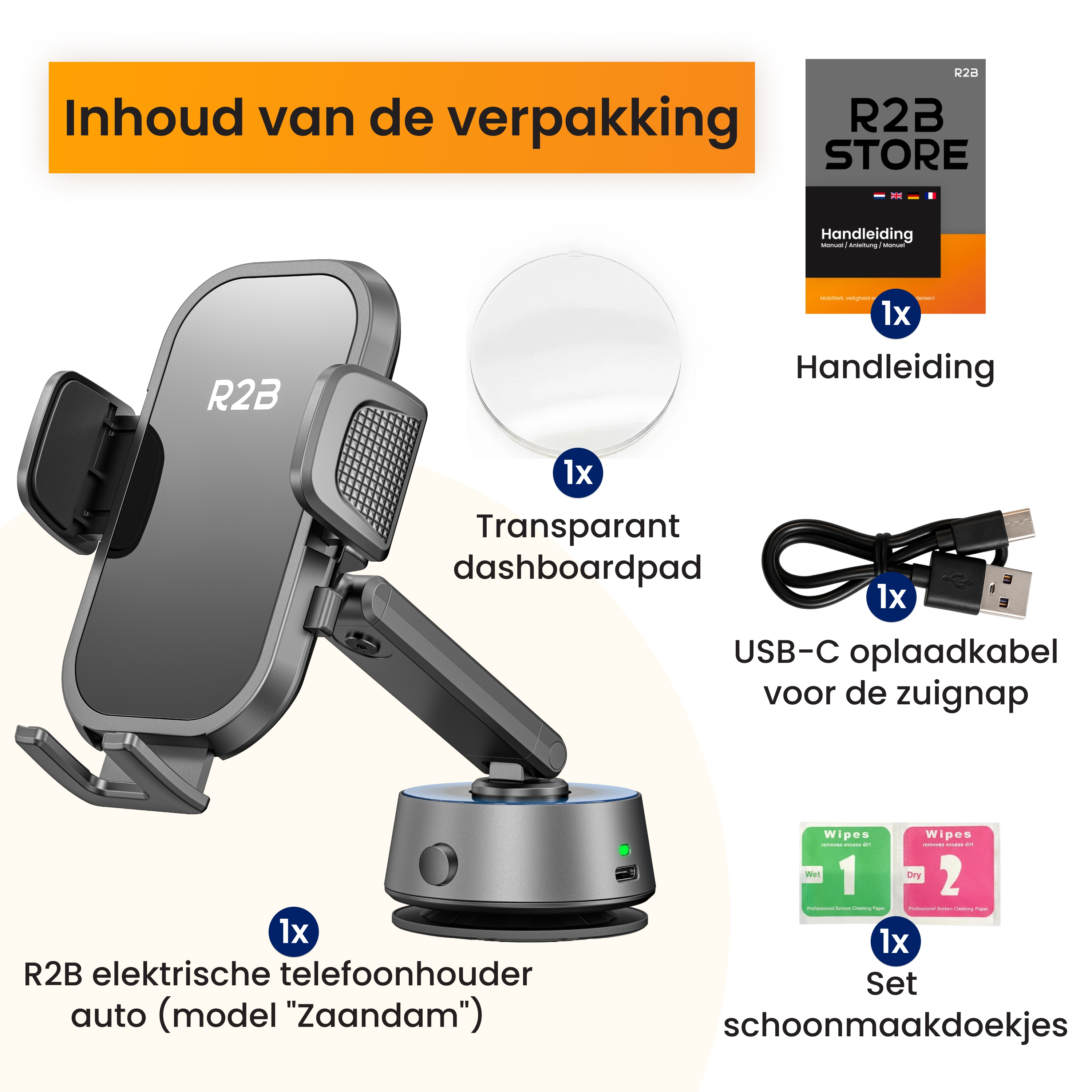 De afbeelding toont een autotelefoonhouderkit. Het bevat de houder, dashboardpad, reinigingsdoekjes, een handleiding en een USB-C-kabel.