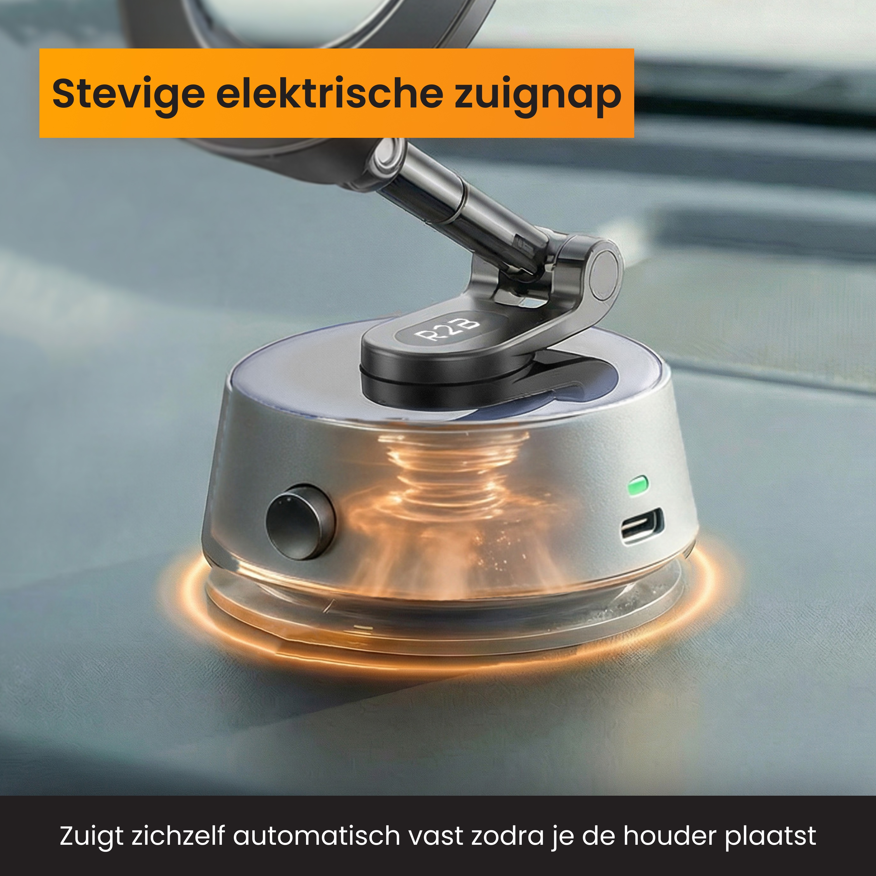 An electric car suction cup. It's black and silver, and has an orange glow at the bottom. Text in Dutch.
