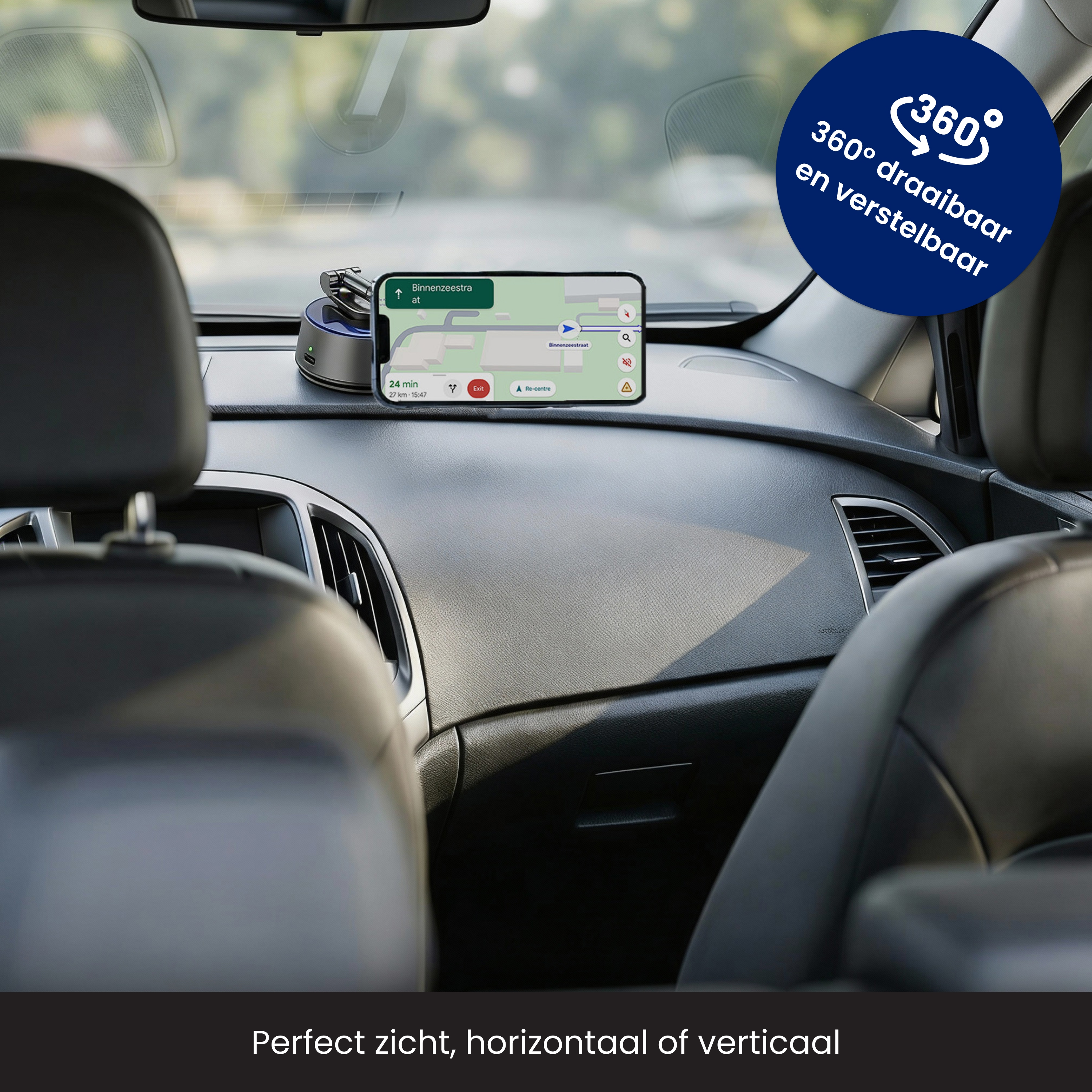 Car interior view with phone showing map. Text says '360° draaibaar en verstelbaar'. 