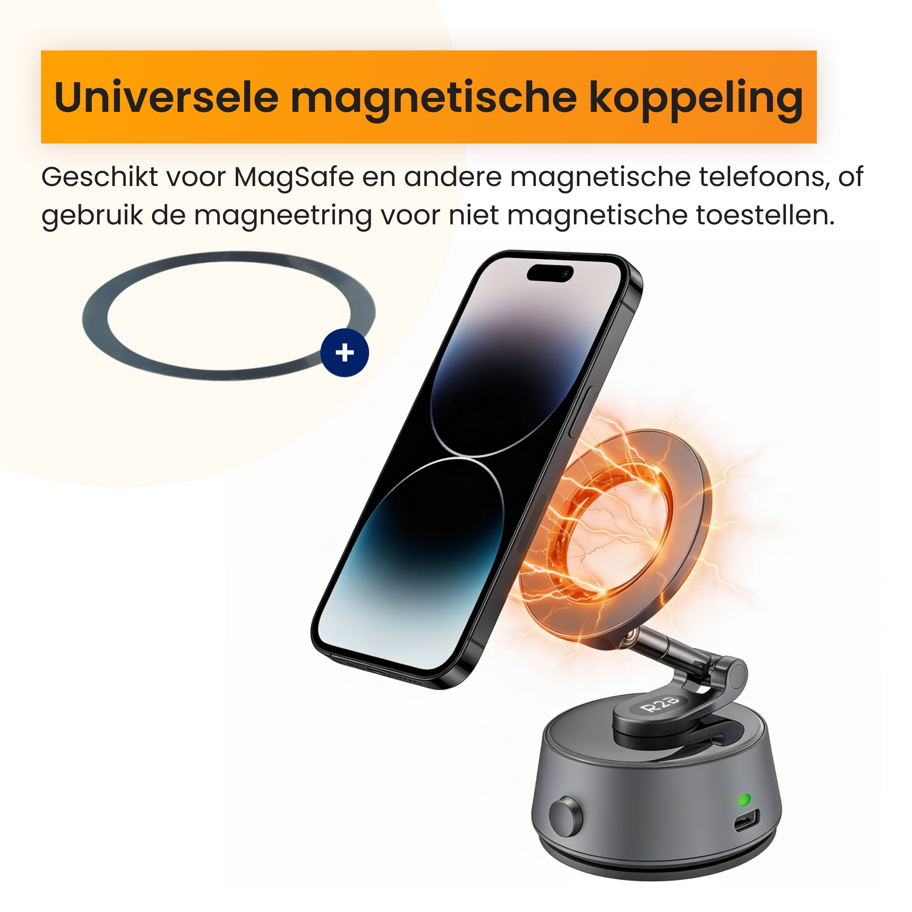 Image shows a phone attached to a magnetic stand. An orange magnetic ring glows, and a ring and plus icon are visible.