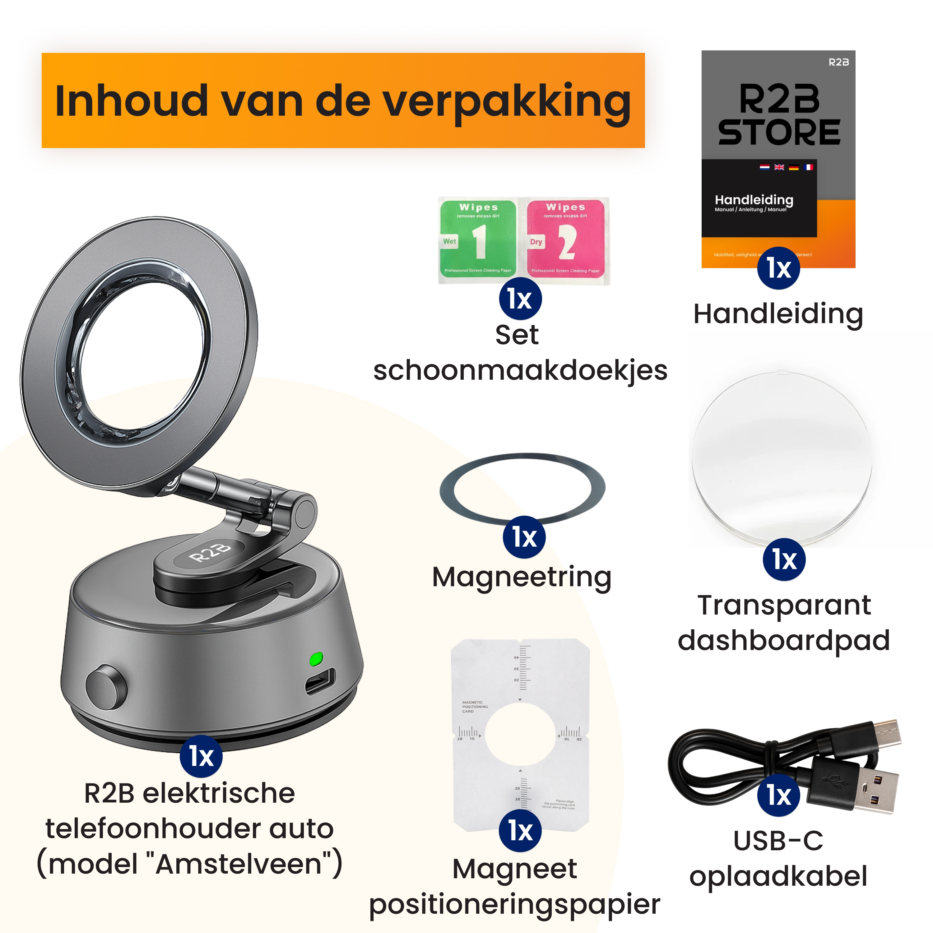 Image shows phone holder with cleaning wipes, a manual, magnetic ring, transparent pad, and USB-C cable.