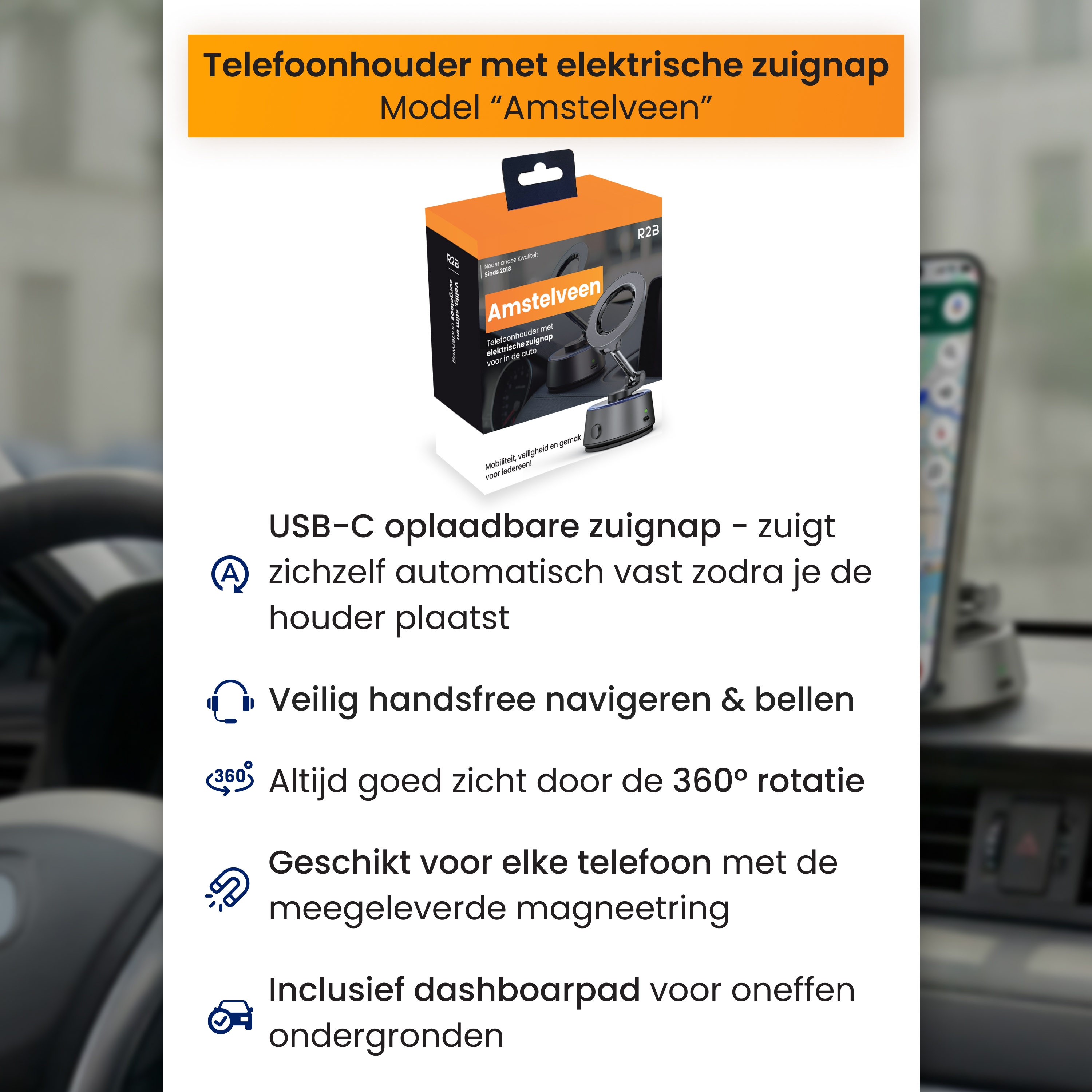 Car phone holder box with text. It has a phone mount and suction cup. Text: 'Amstelveen', USB-C charging.