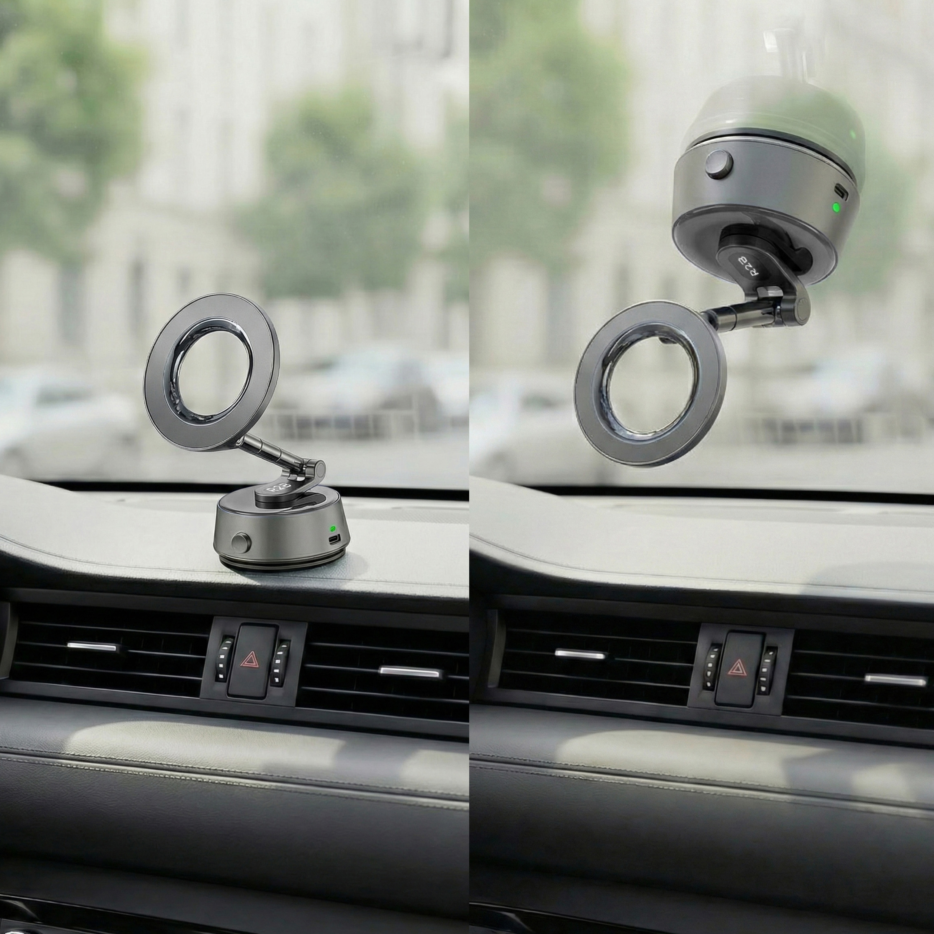 A car dashboard shows a phone holder. It has a ring and a base. The background is blurred with buildings.