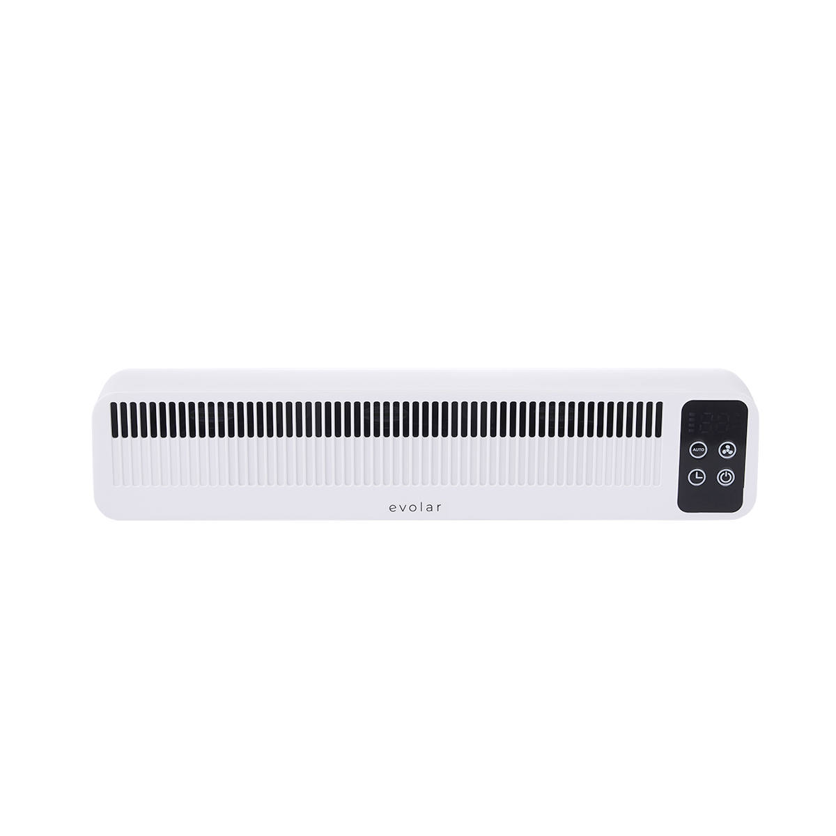 Een witte 'evolar' elektrische verwarming, met een digitaal display en bedieningsknoppen aan de rechterkant. Het ontwerp is eenvoudig en modern.