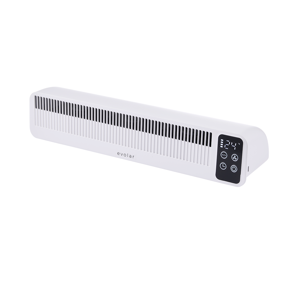 Een witte Evolar-kachel. Het heeft een digitaal display met 24 graden. Bedieningsknoppen bevinden zich aan de rechterkant.
