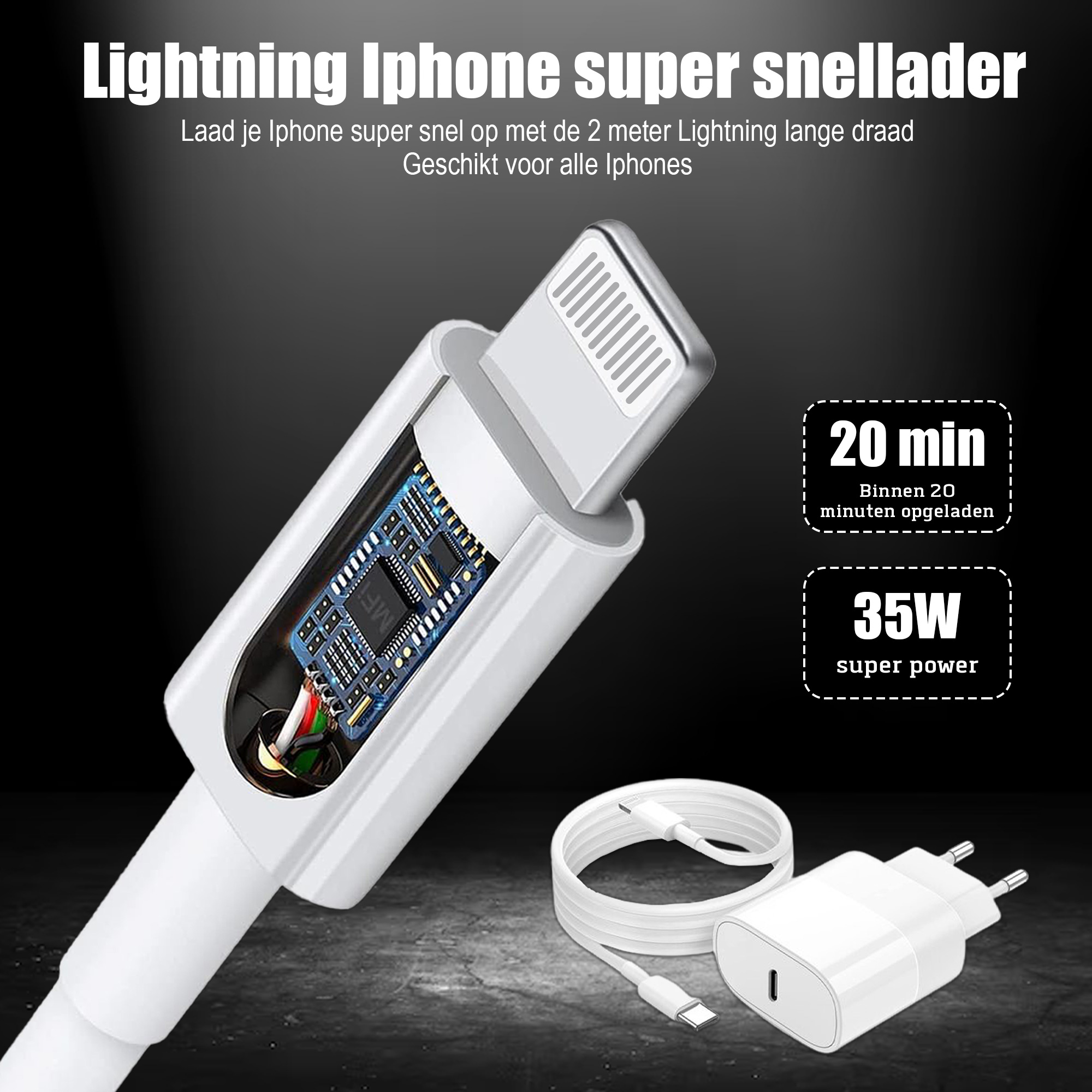 L'image montre un chargeur iPhone blanc avec un câble Lightning. Le texte indique une charge rapide et une puissance de 35W.