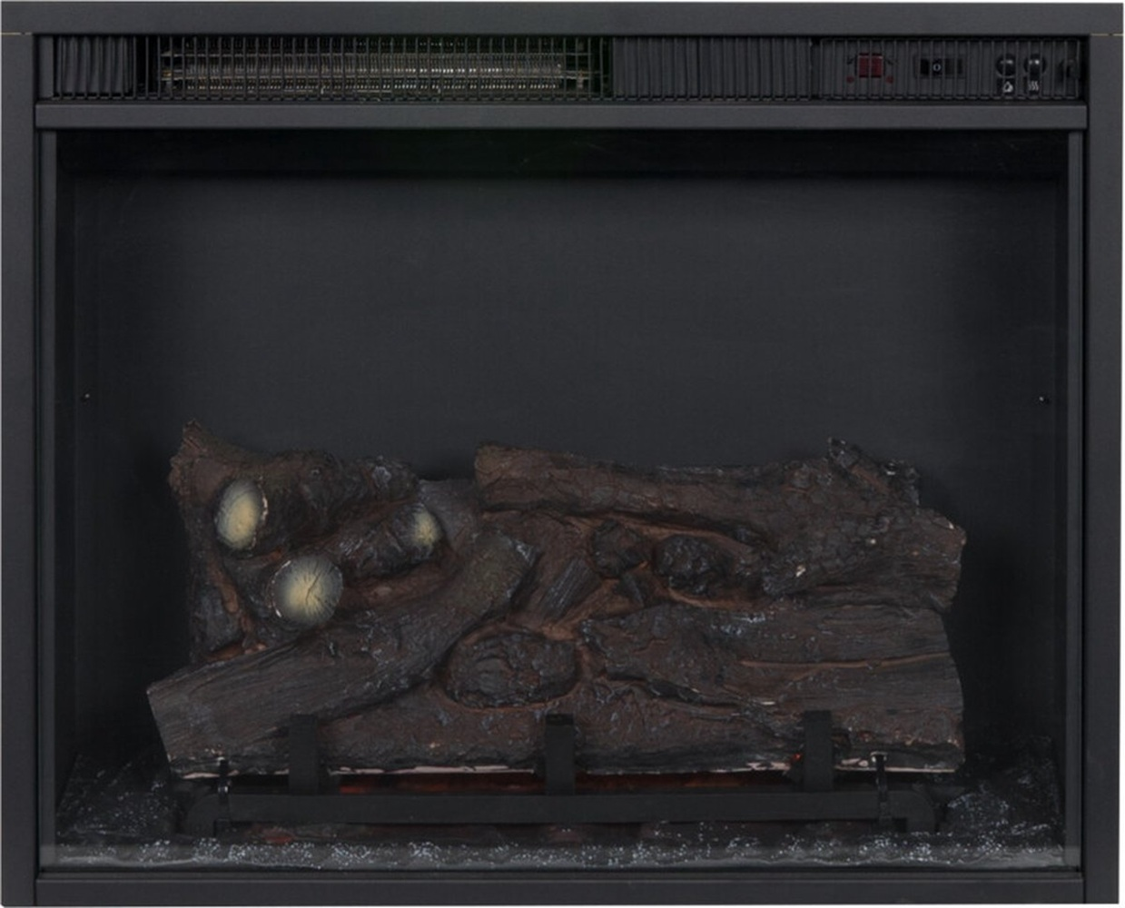 Een zwarte elektrische haard met een donkere, getextureerde houtblokkenset. De bovenkant heeft een ventilatieopening en bedieningselementen.
