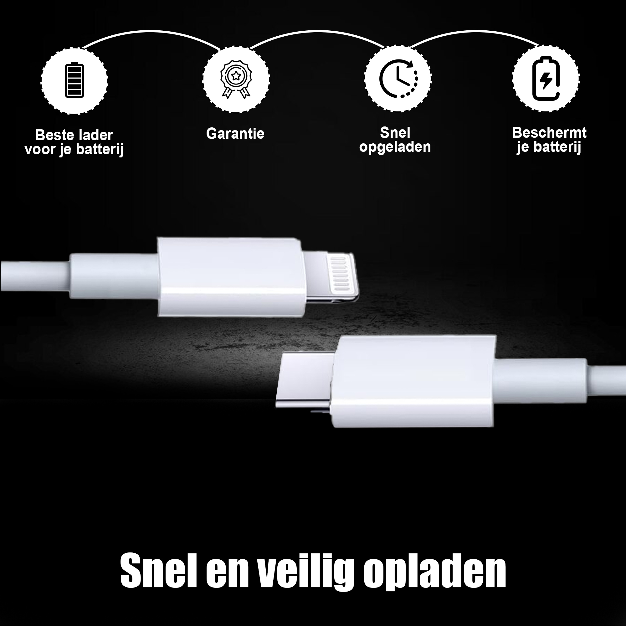 Câbles de charge blancs avec connecteurs Lightning et USB-C. Fond noir avec icônes. Texte : charge rapide et sûre.