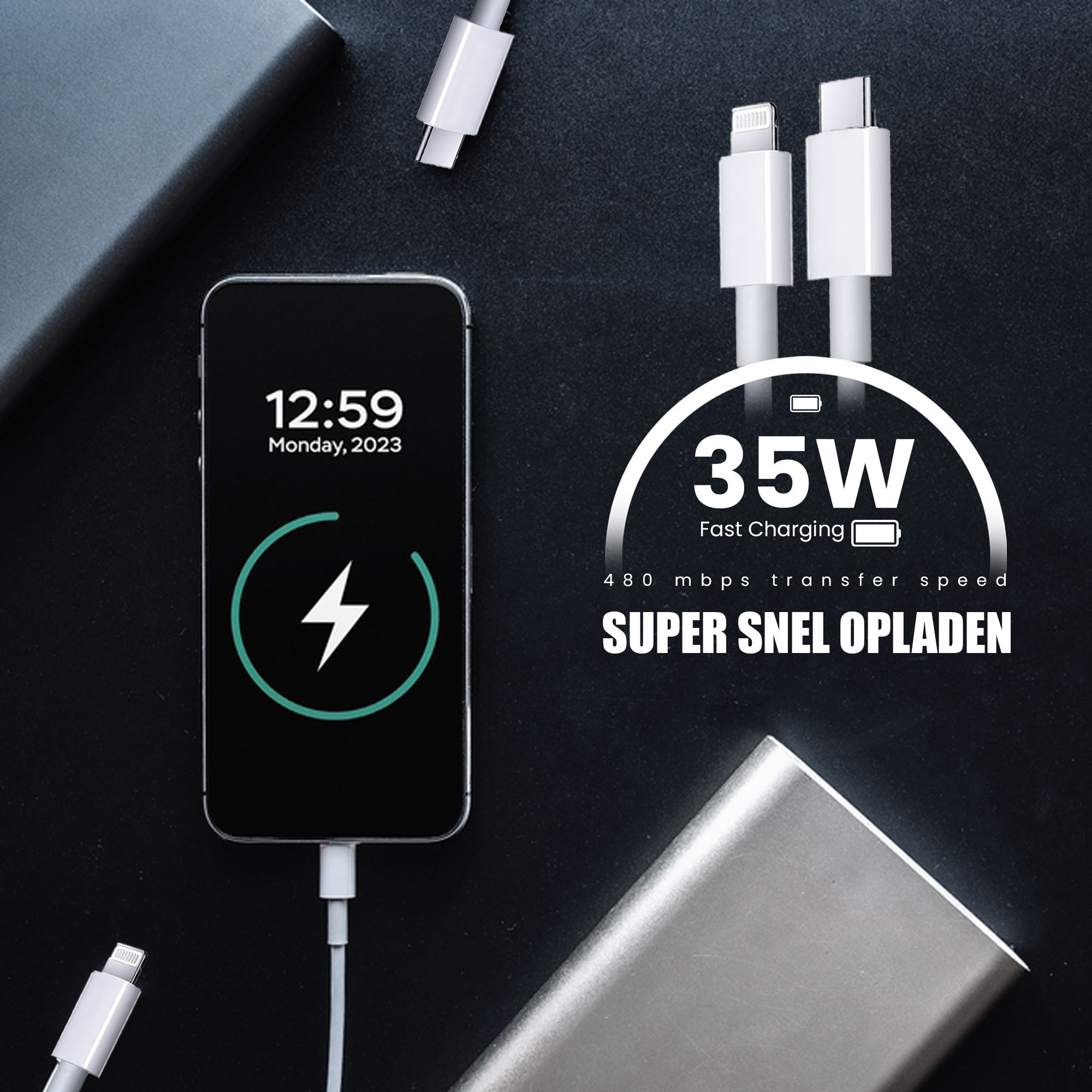 Téléphone en charge avec éclair. Charge rapide 35W indiquée. Câbles et batteries sur surface sombre.