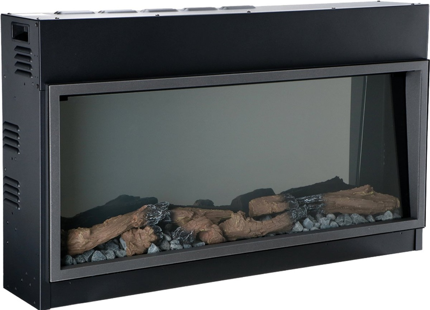 Een zwarte elektrische haard met houtblokken en stenen erin. De glazen voorkant reflecteert de kamer. Zwart frame.