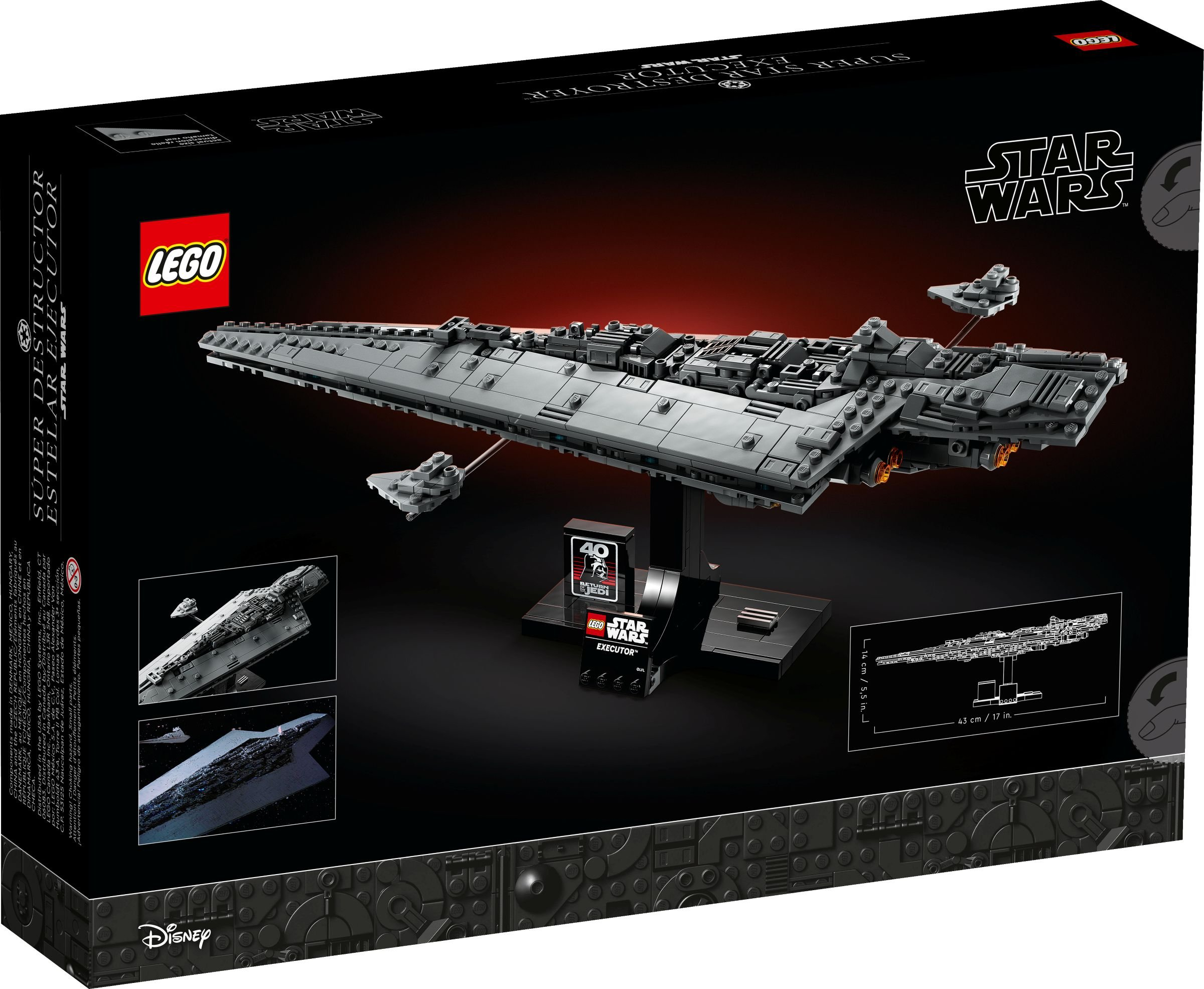 Artwork della scatola di un set Lego Star Wars. Mostra un modello grigio di Star Destroyer con i loghi Lego e Star Wars.