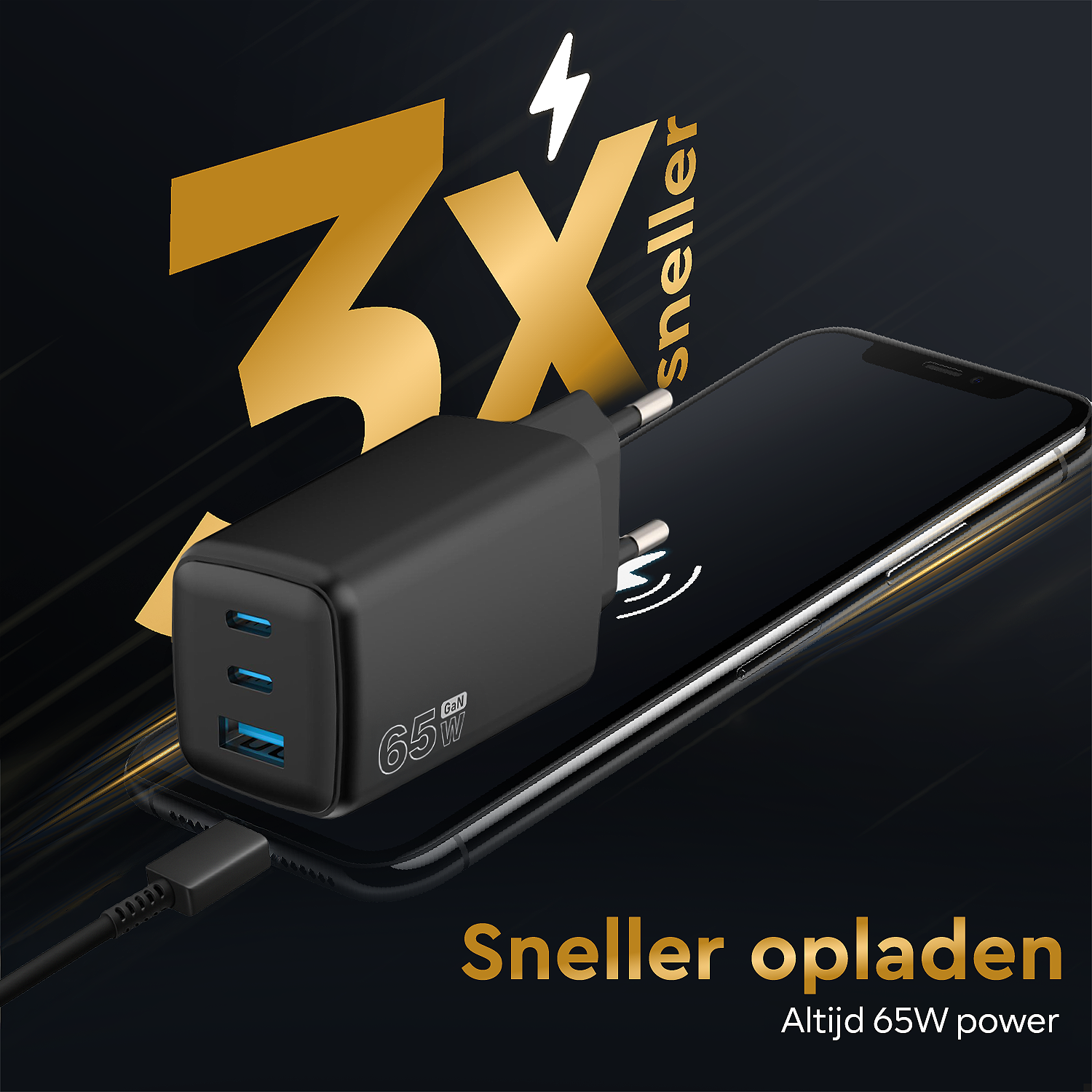Un caricabatterie nero con porte USB è collegato a un telefono. Il testo dorato dice '3x sneller' e 'Sneller opladen'. '65W' è visibile.