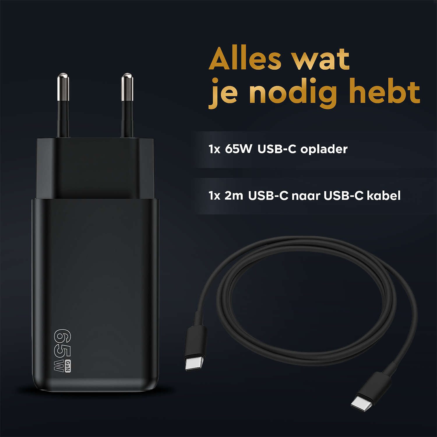 Un set di caricatore e cavo USB-C neri. Testo dorato: 'Alles wat je nodig hebt'. Include un caricatore da 65W e un cavo USB-C da 2m.