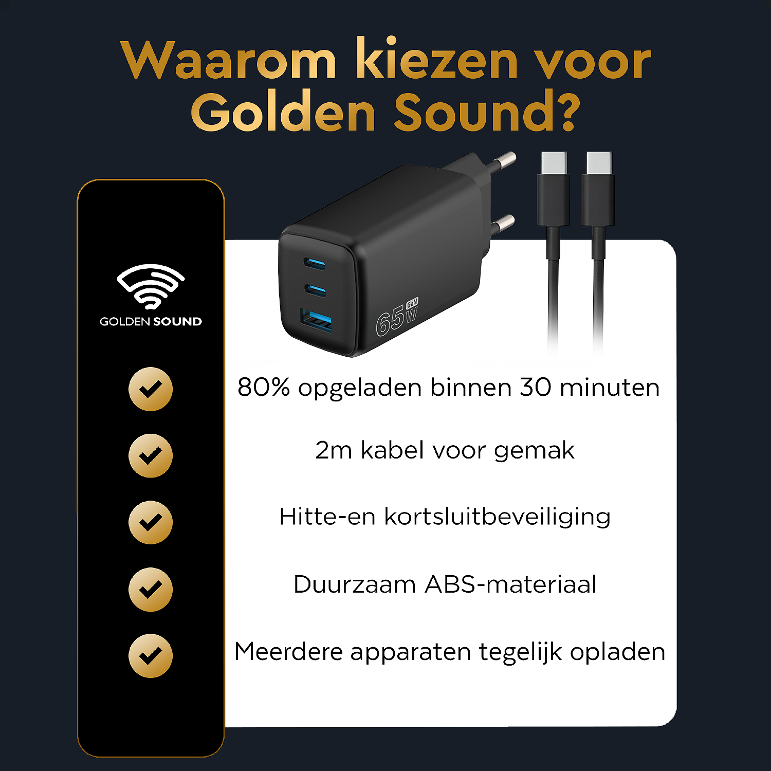 L'immagine mostra un caricabatterie Golden Sound nero con cavi. Il testo evidenzia funzioni come la ricarica rapida.