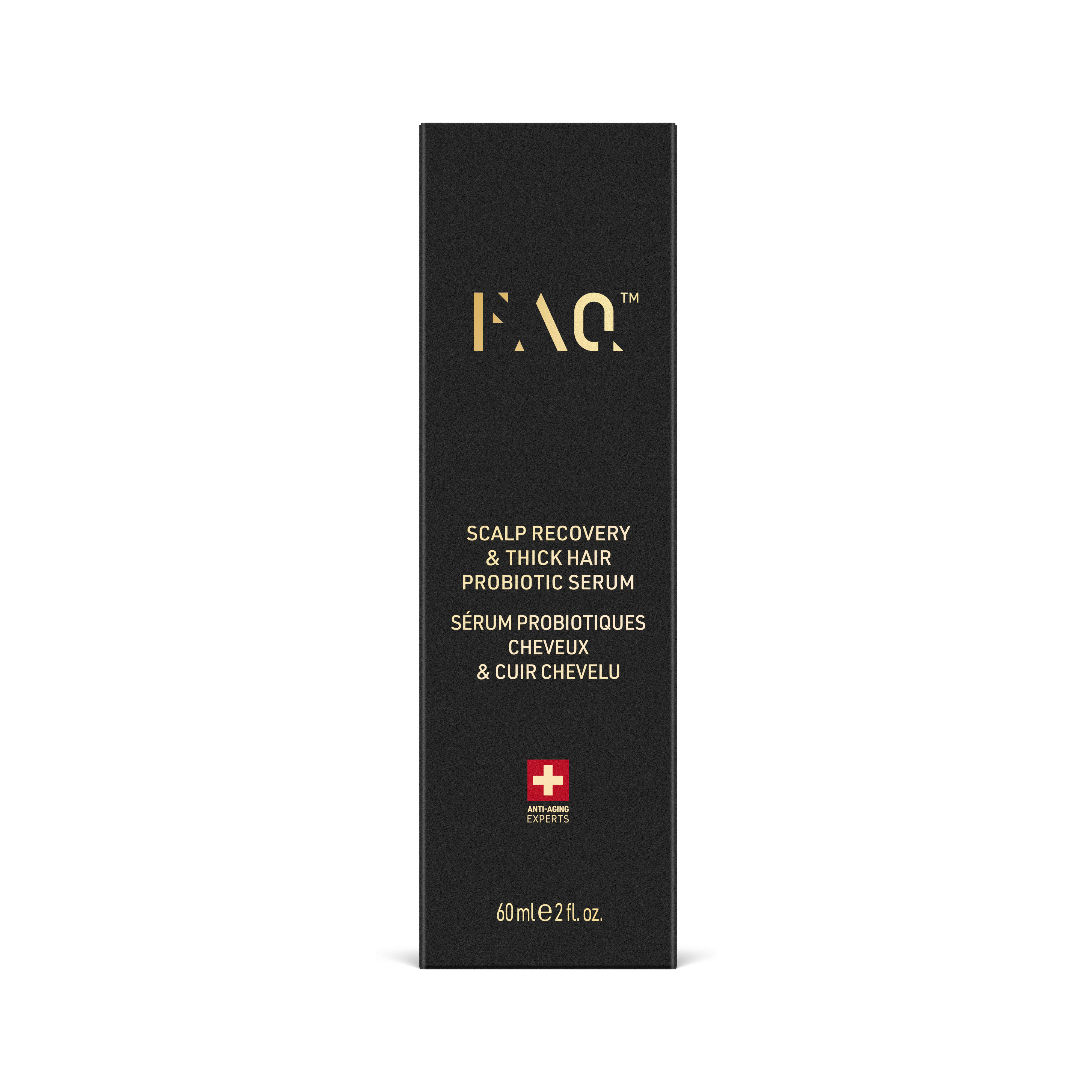 Altın metinli siyah bir ürün kutusu. 'FAQ' yazıyor, ürün detaylarını ve İsviçre haçı logosunu listeliyor.