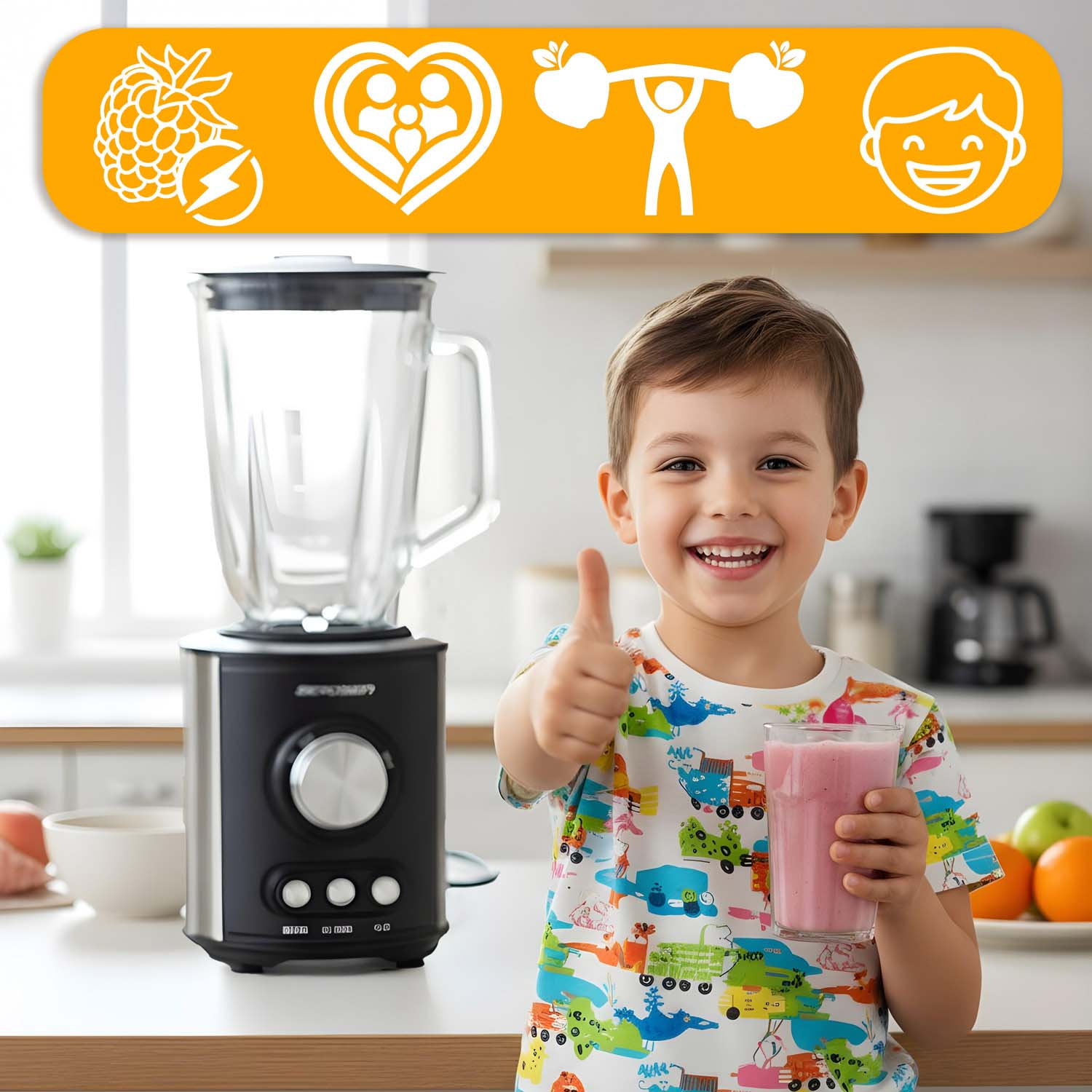 Uśmiechnięty chłopiec trzyma różowe smoothie, pokazując kciuk w górę obok blendera. Pomarańcze i jabłka w tle.