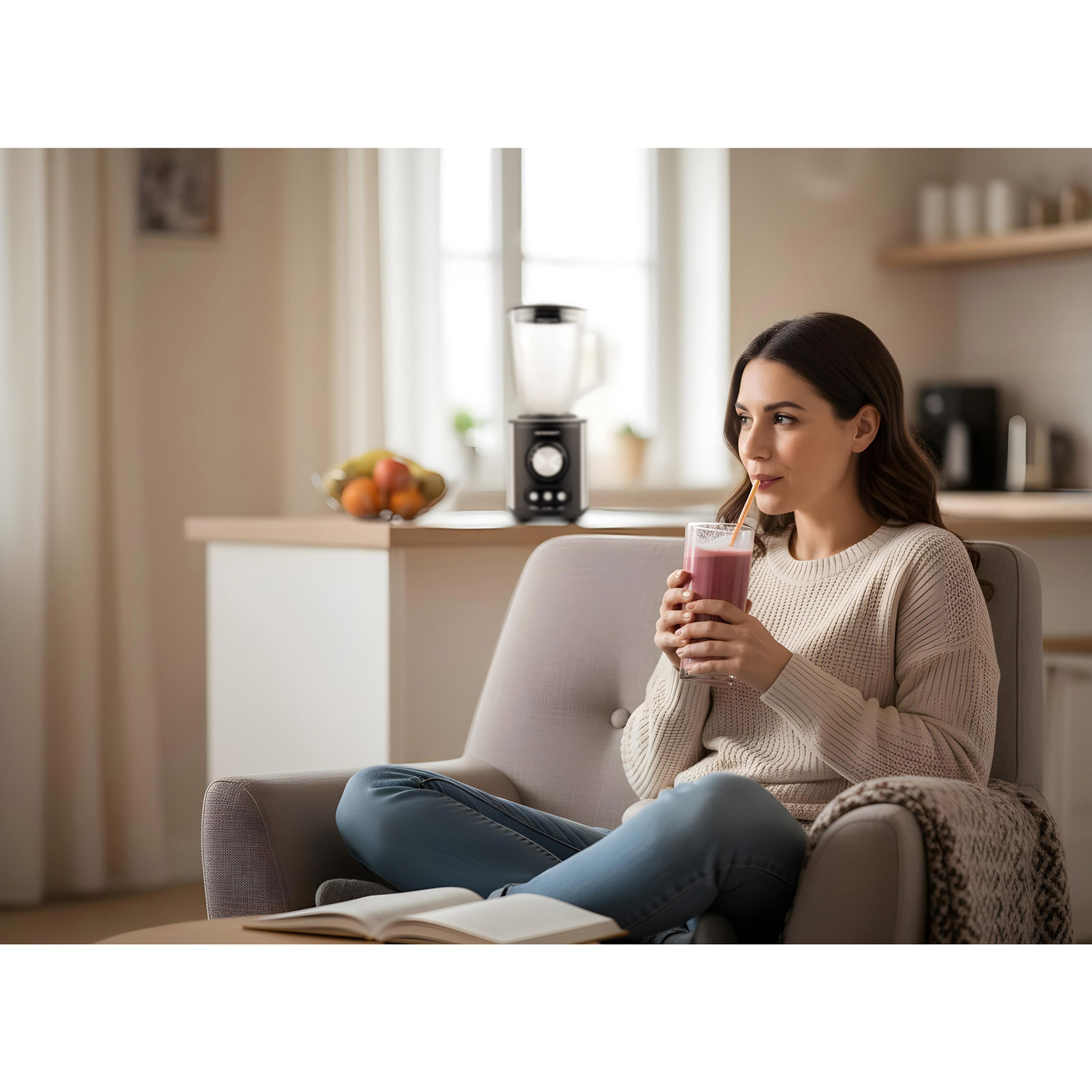 Kobieta w fotelu pije koktajl. W tle stoi blender. Widoczna jest książka i koc.