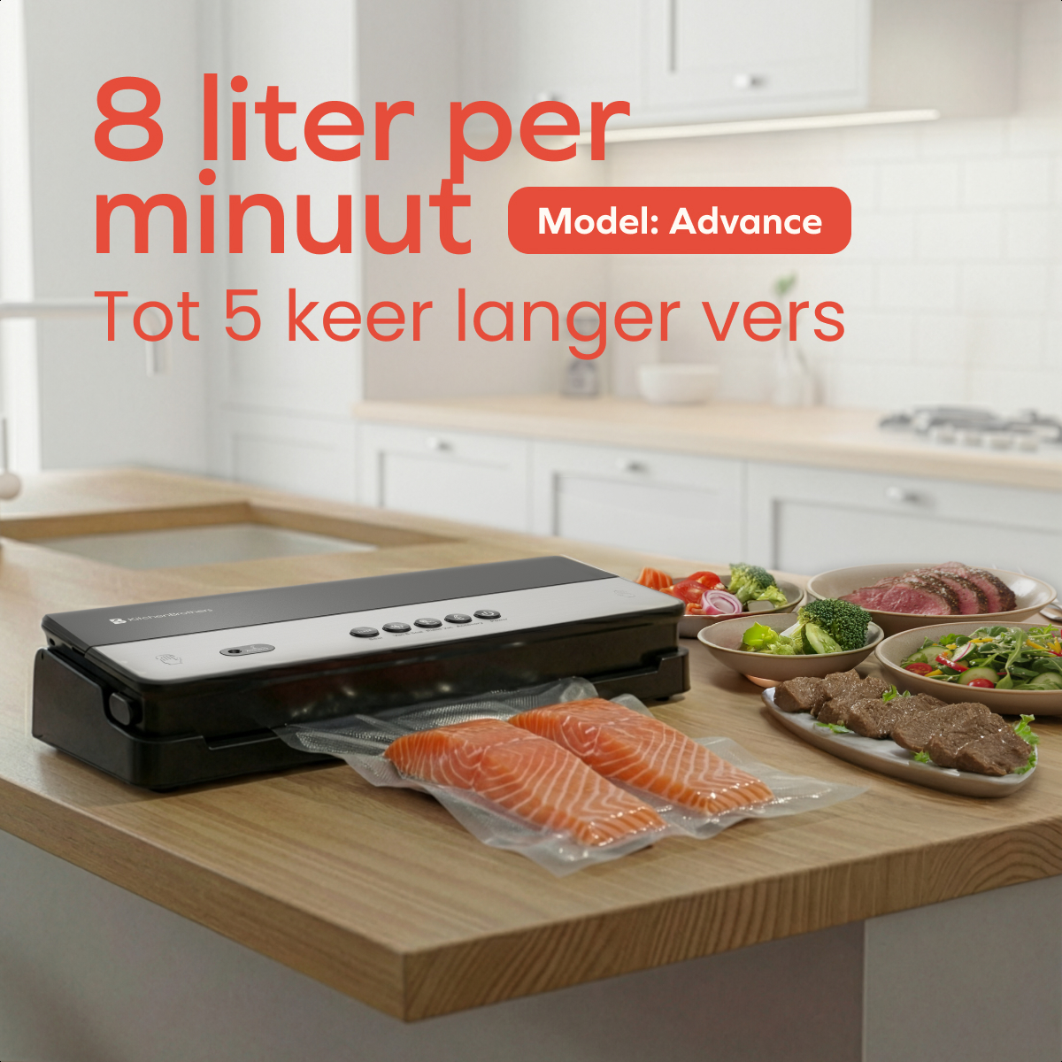 A kitchen scene with a black vacuum sealer. Two salmon fillets are vacuum-sealed. Plates of food are on the right. Text: 8 liter per minuut.
