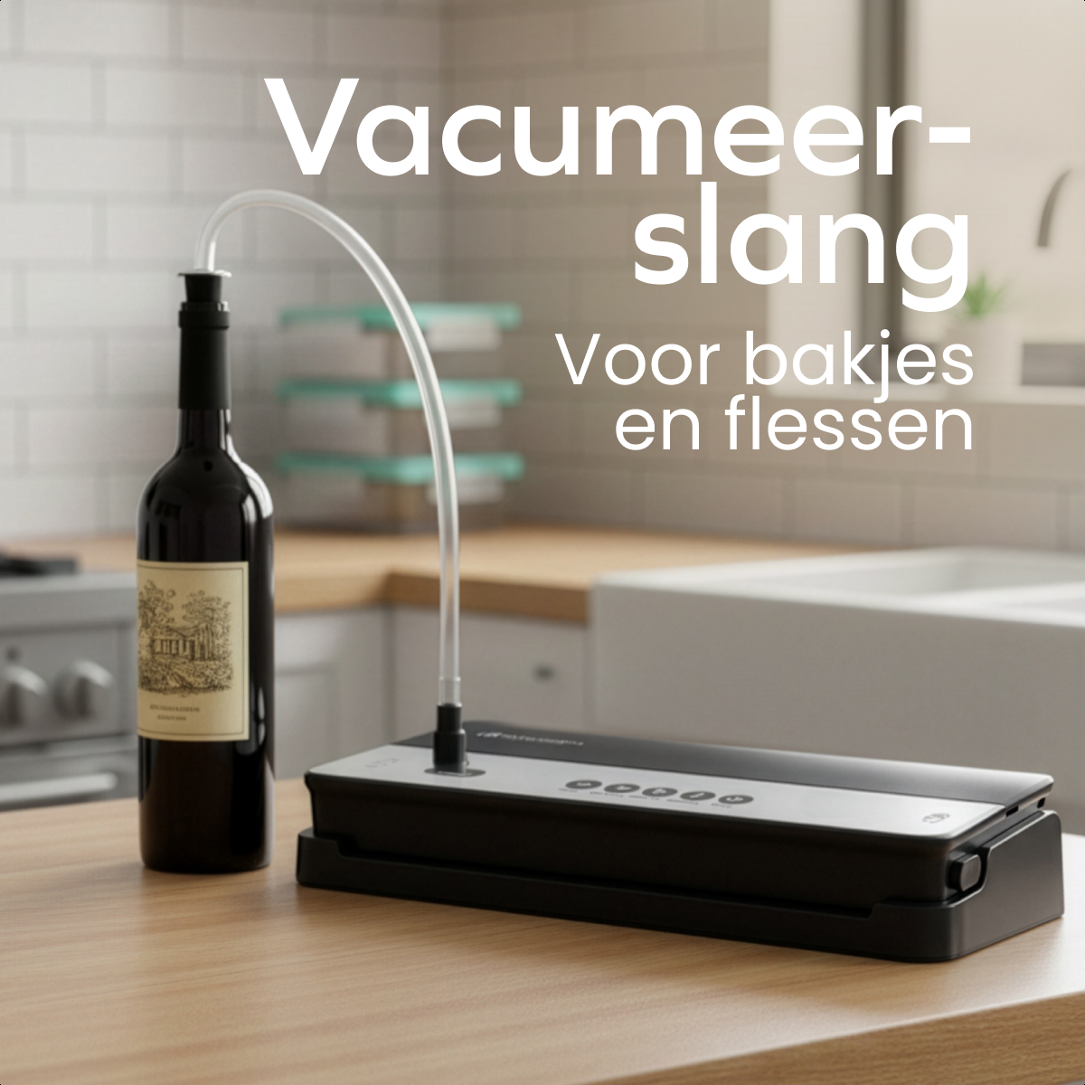 A wine bottle connected to a vacuum sealer with a tube. The scene is in a kitchen setting with text overlay.